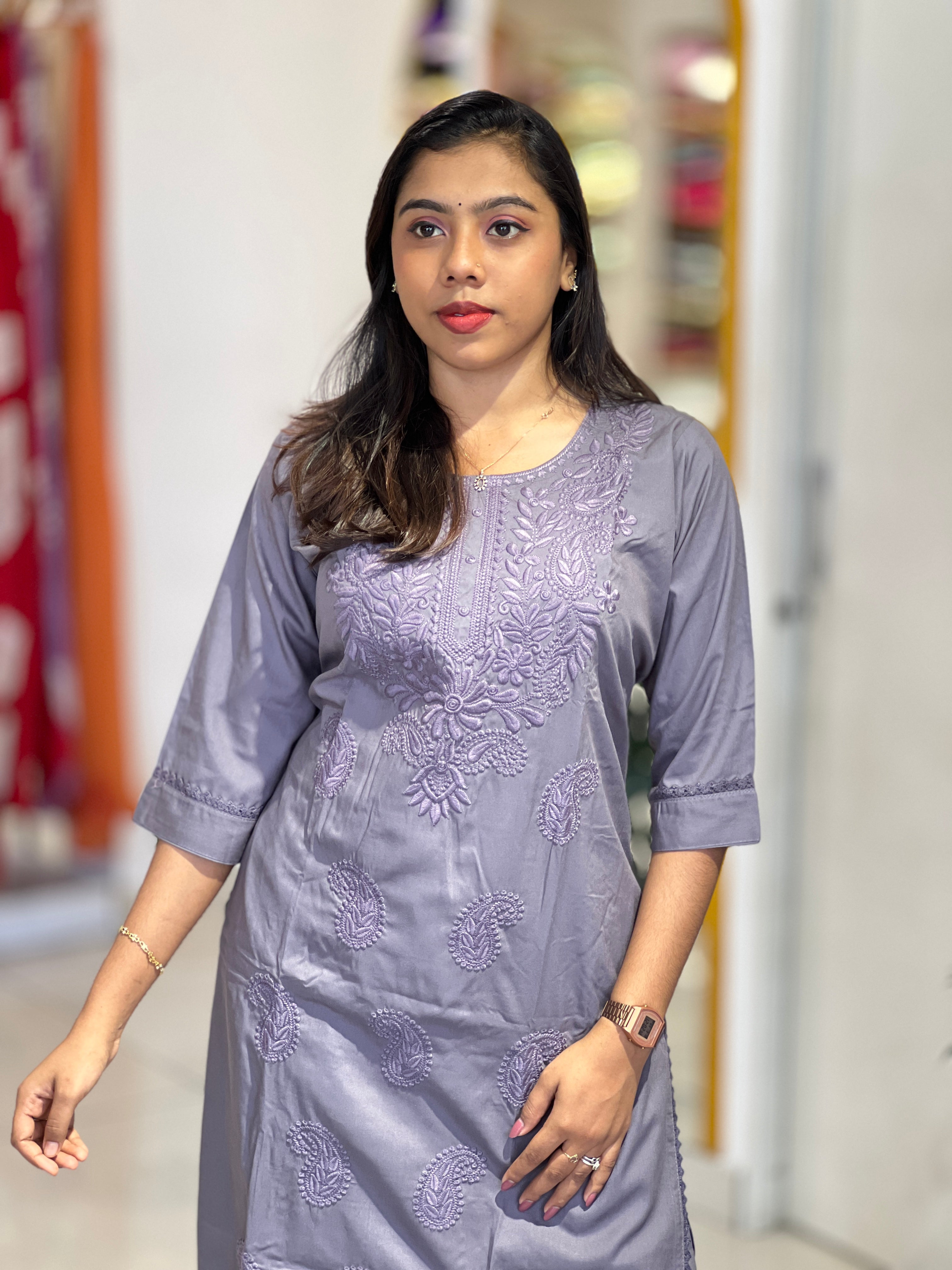 Computerized Lucknowi Embroidery Detailed Cotton Kurta Set | YV132