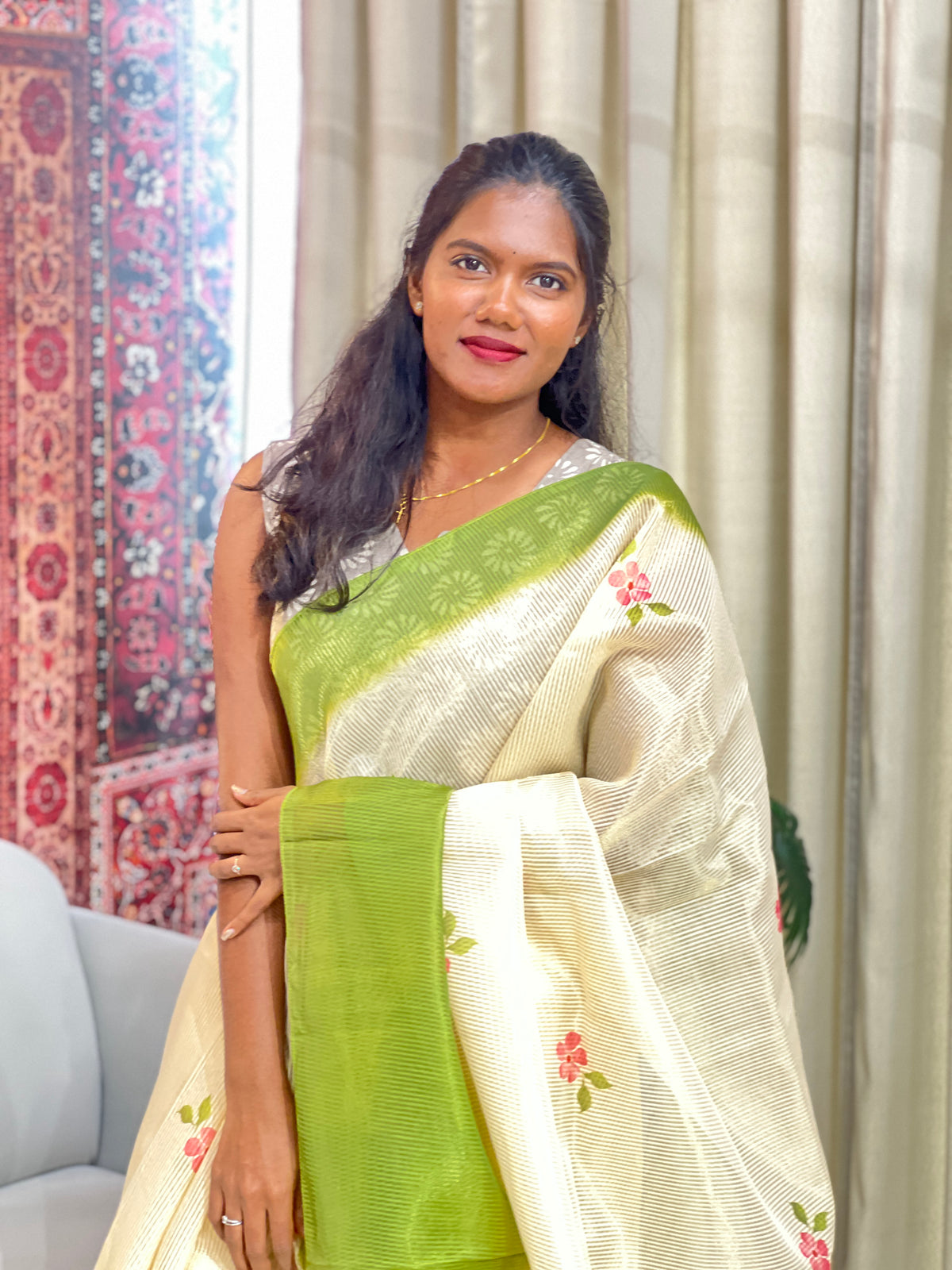 Tissue Woven Line Pattern Chanderi Saree | HT546