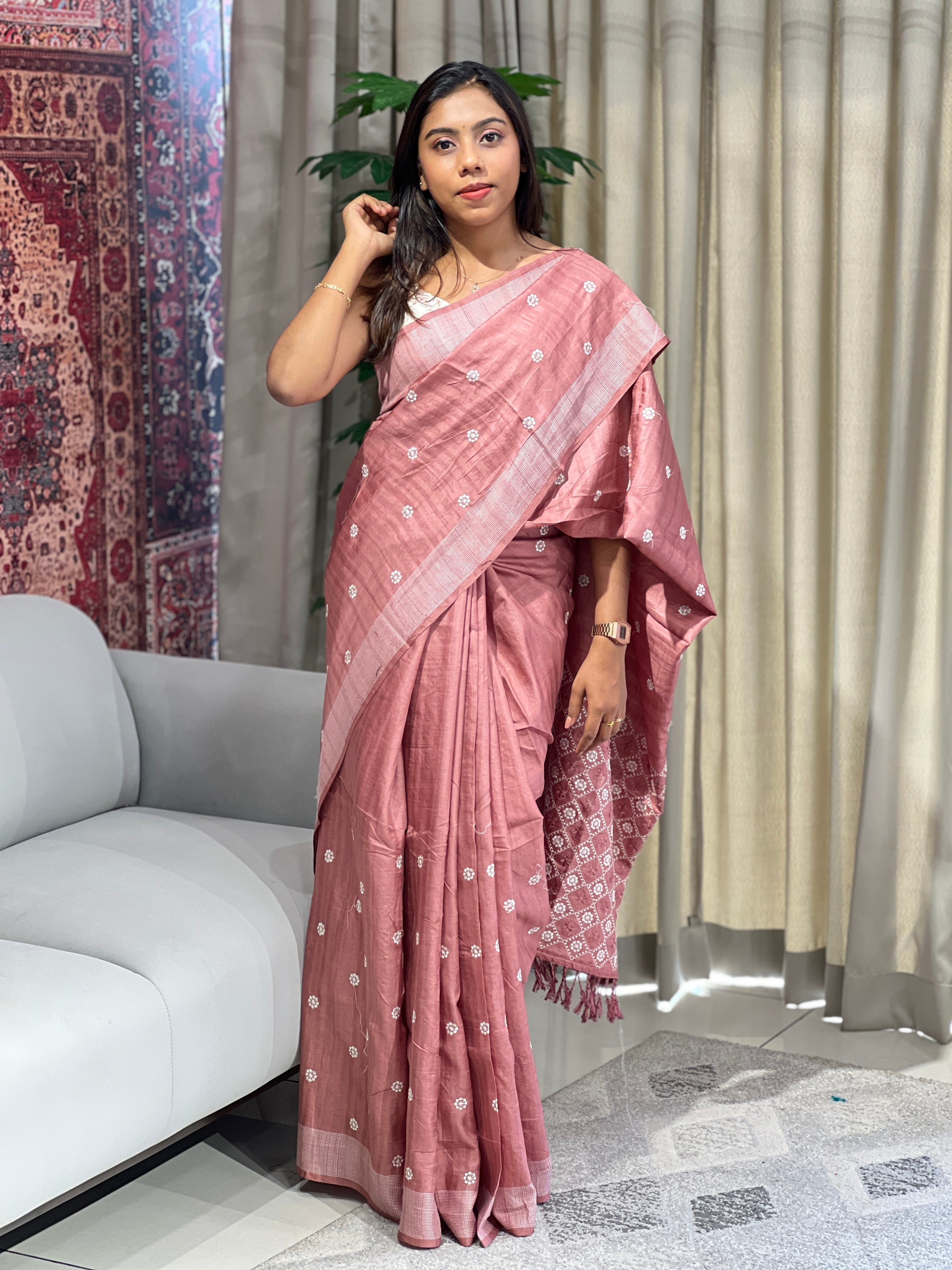 Floral Embroidery Detailed Semi Tussar Saree | SUN715