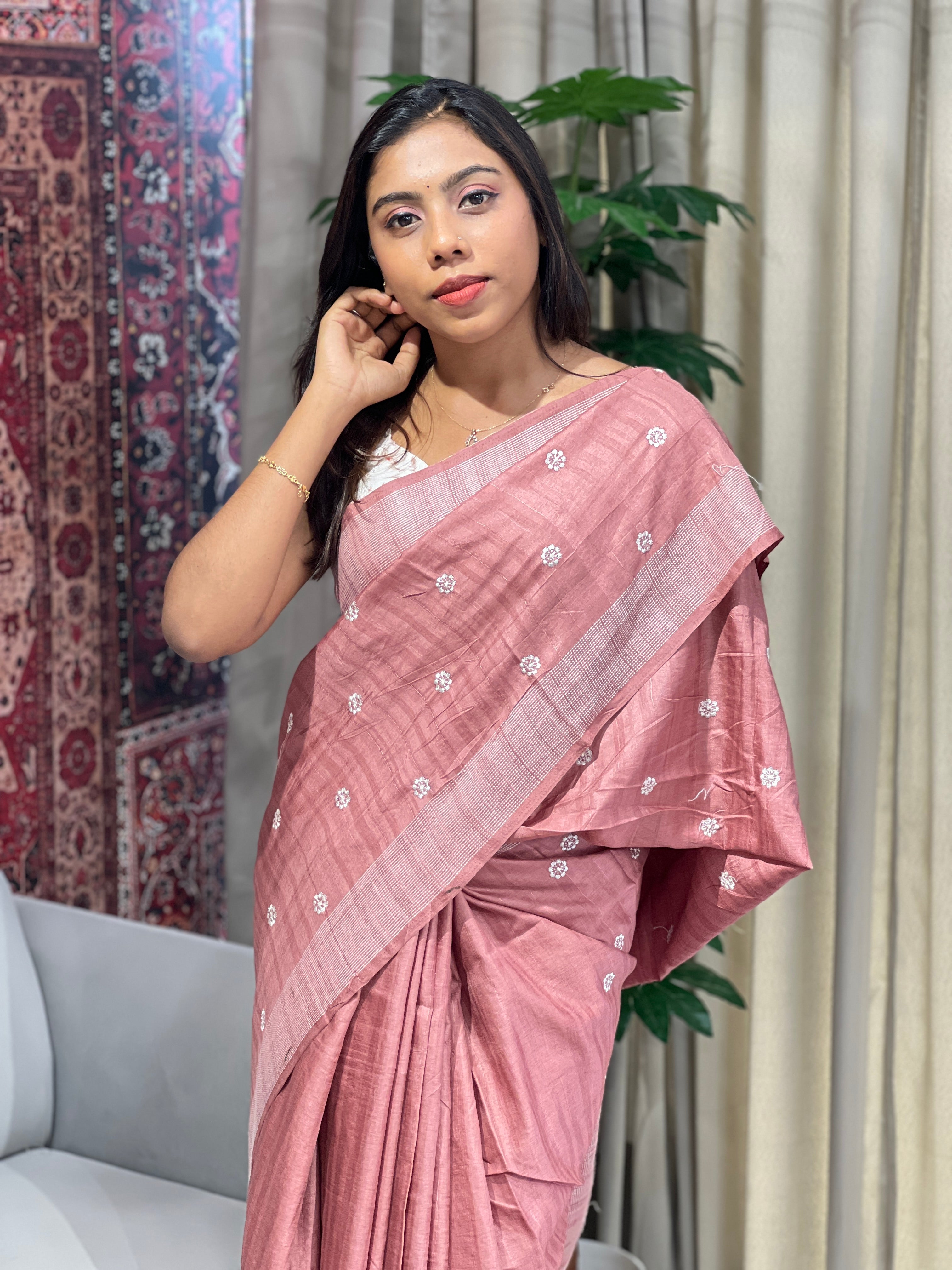 Floral Embroidery Detailed Semi Tussar Saree | SUN715