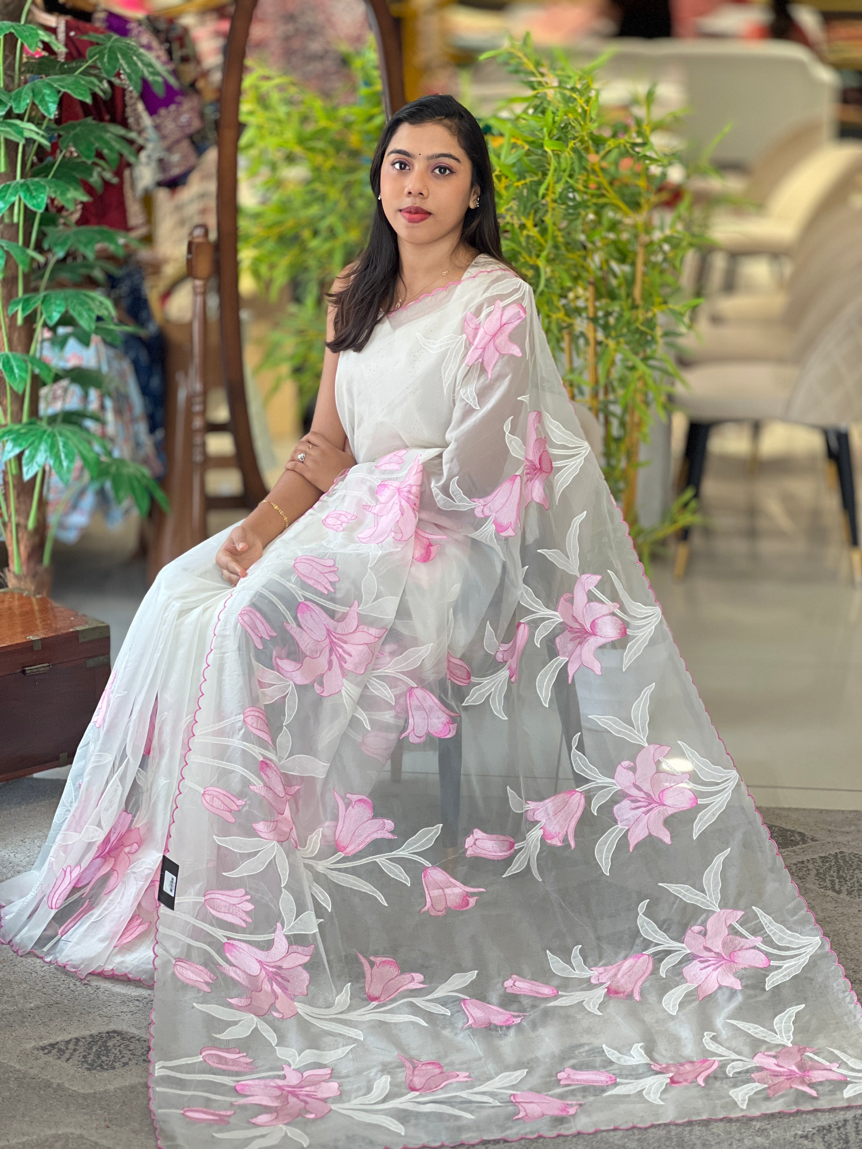 Applique Work & Embroidery Detailed Organza Saree | MM163