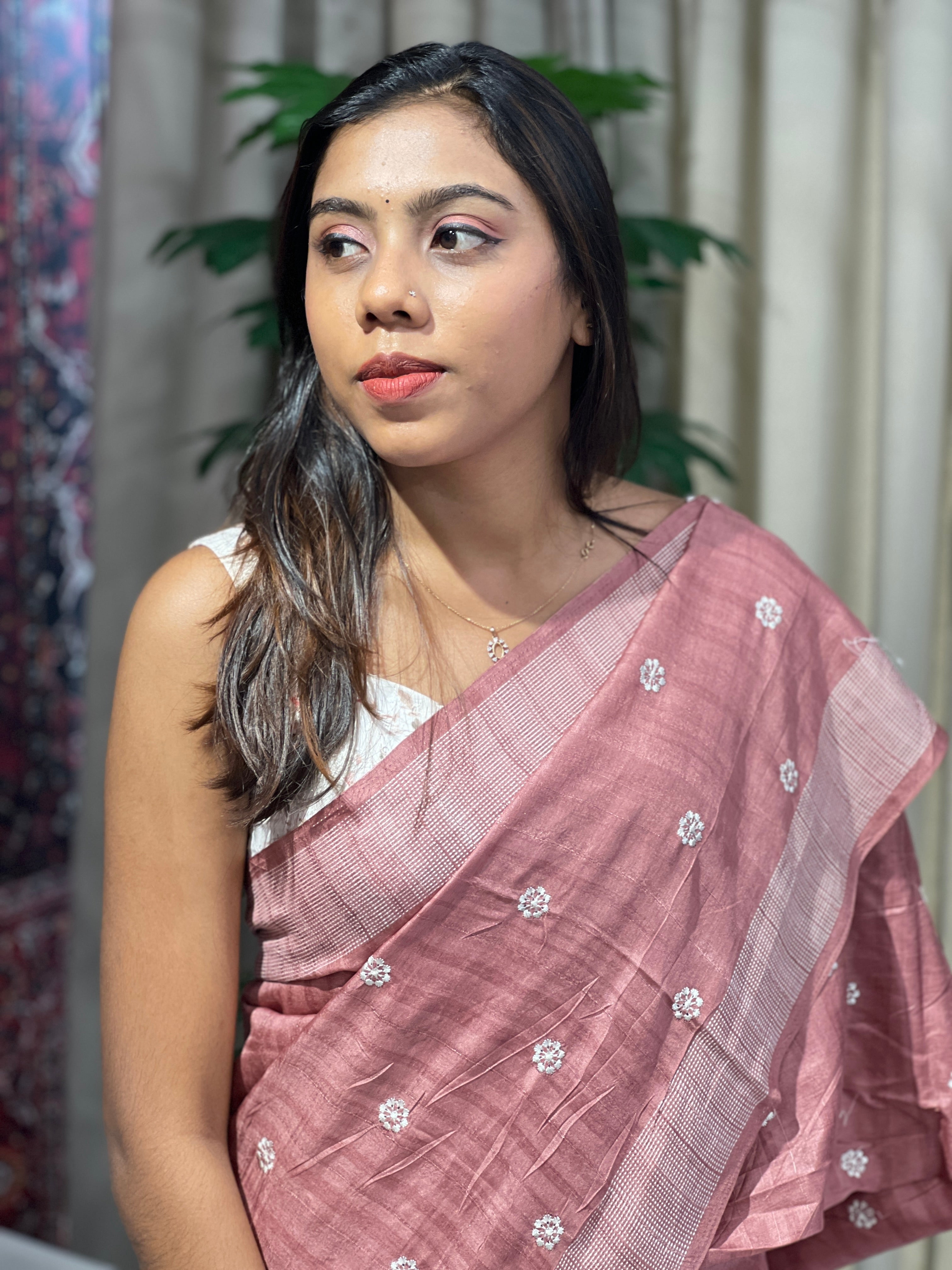 Floral Embroidery Detailed Semi Tussar Saree | SUN715