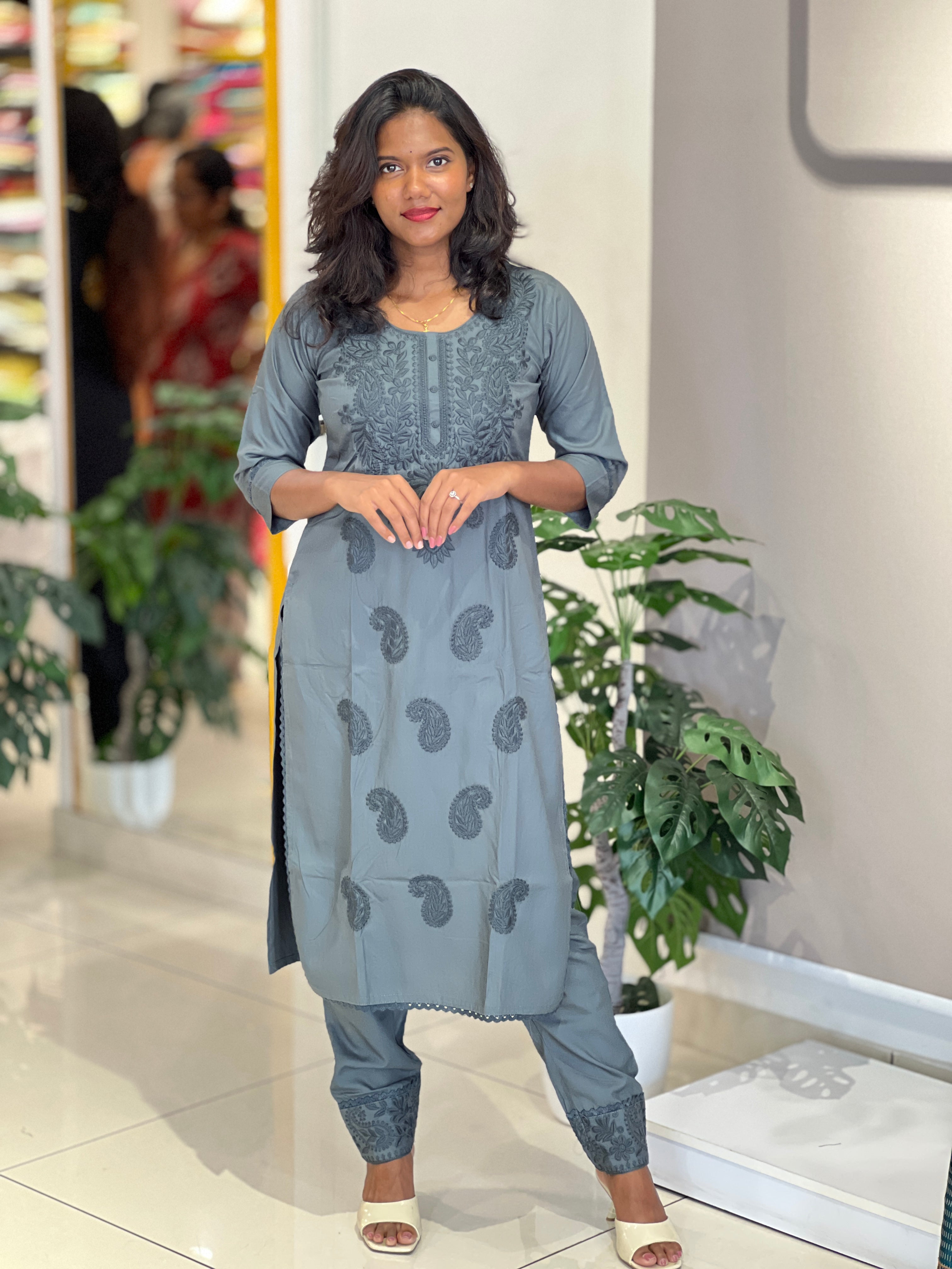 Computerized Lucknowi Embroidery Detailed Cotton Kurta Set | YV123