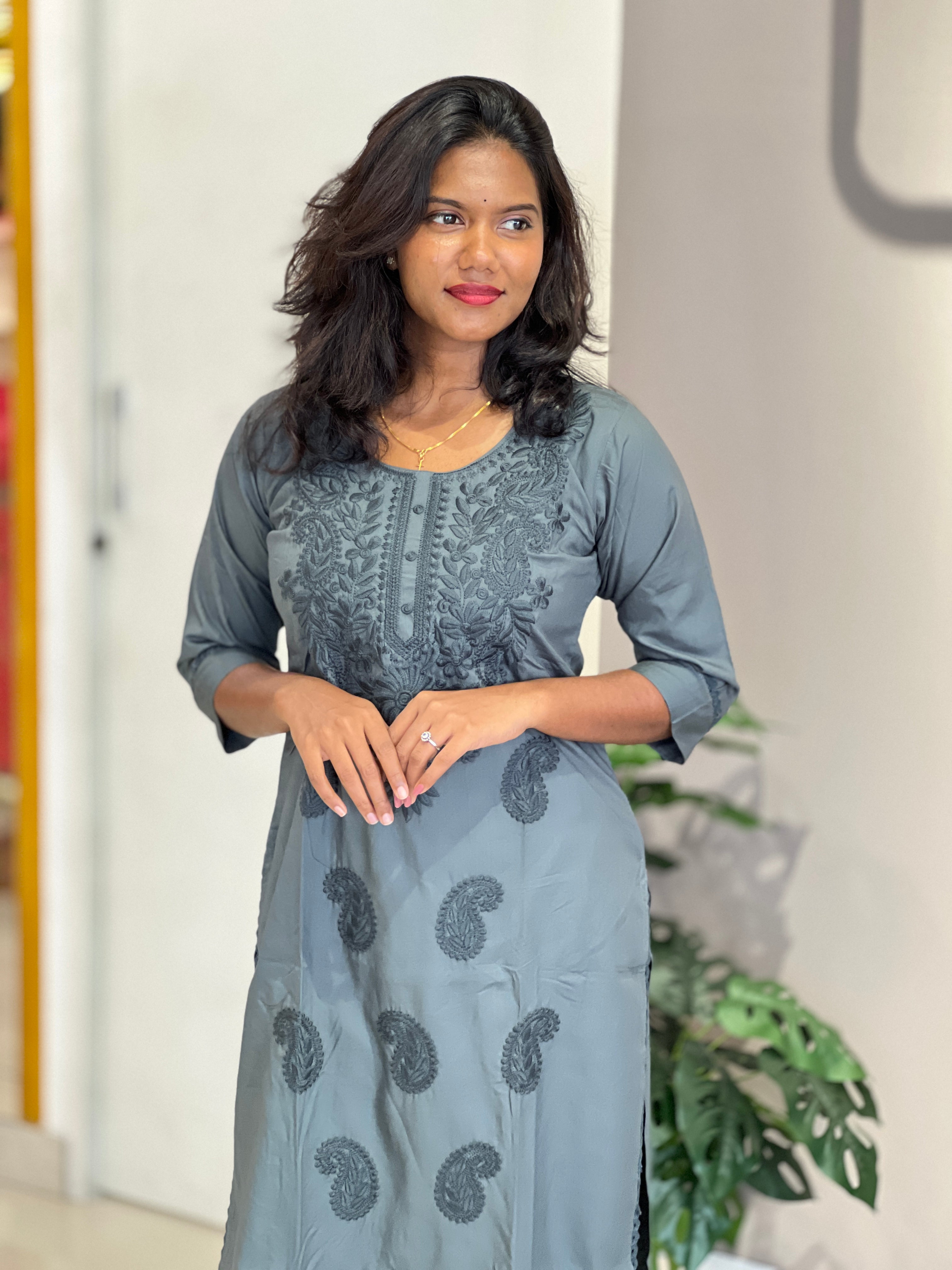 Computerized Lucknowi Embroidery Detailed Cotton Kurta Set | YV123