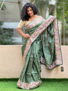 Machine Embroidery Floral Pattern Pure Tussar Saree | SBS641