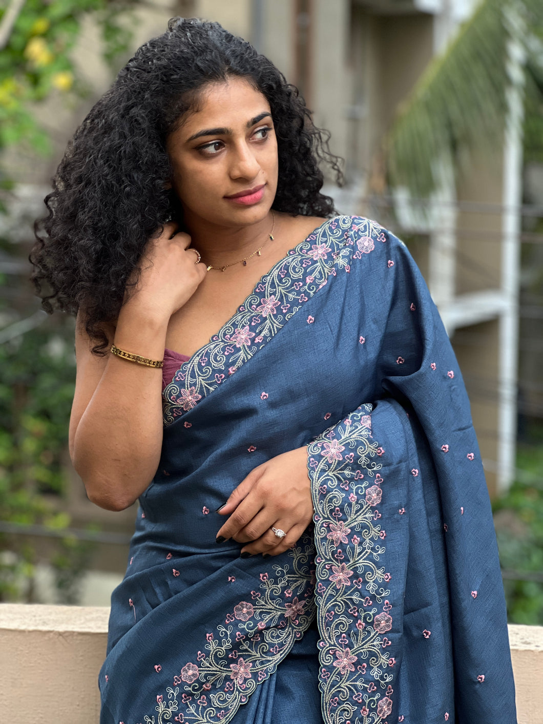 Floral Embroidery Border Semi Silk Saree | SBP176