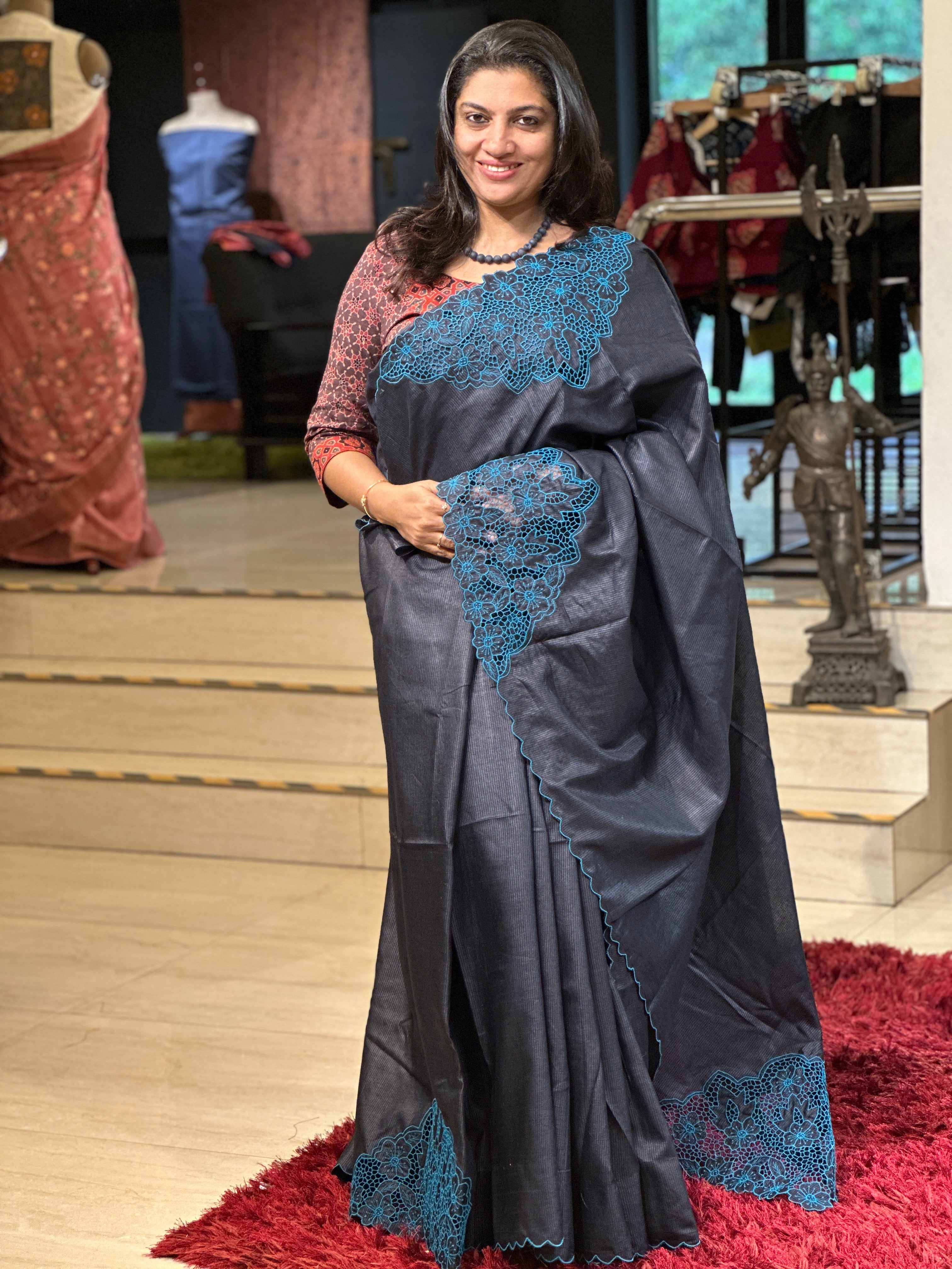 Floral Twine Cut Work Placement Detailed Noil Tussar Saree | TC448