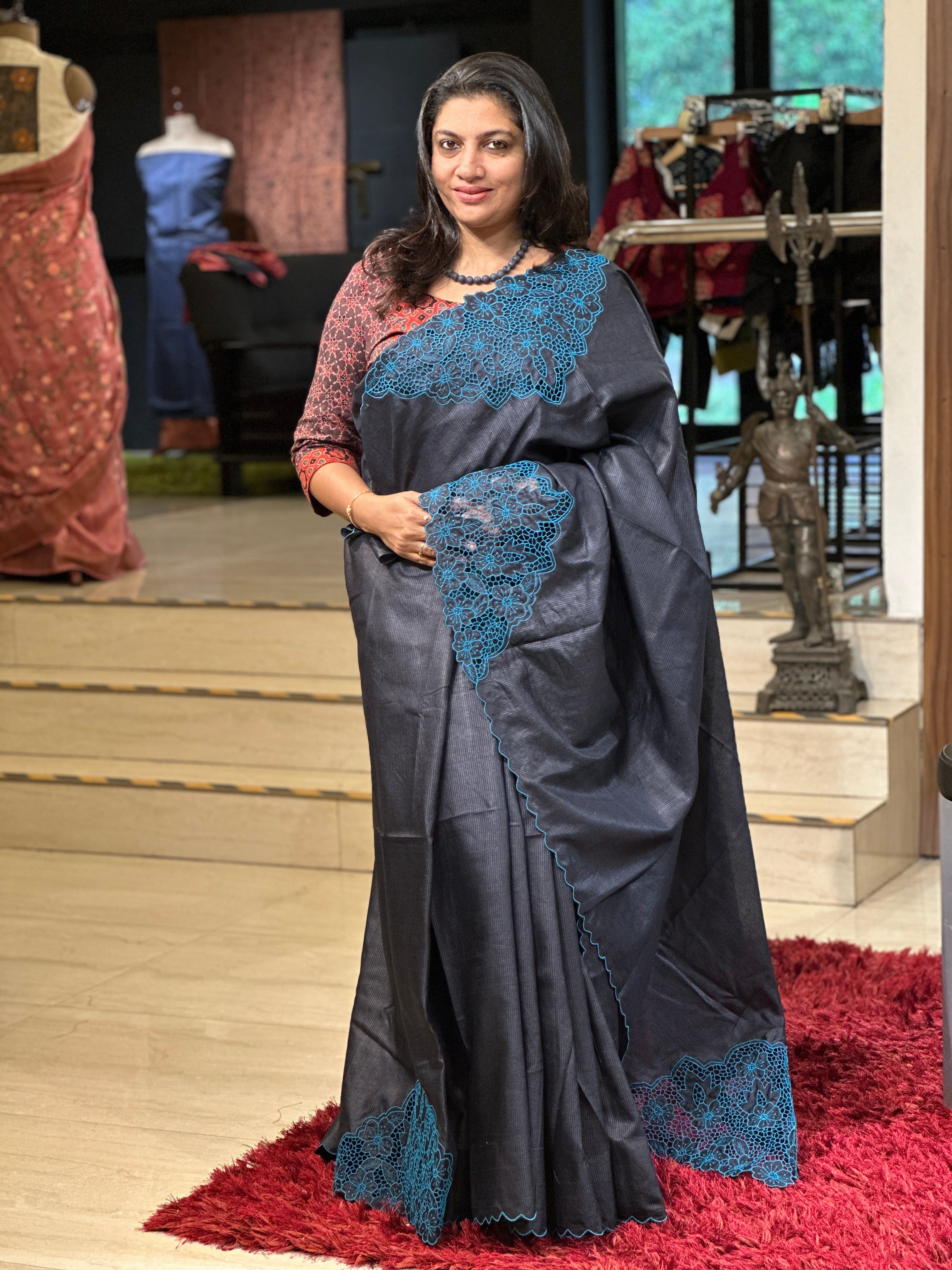 Floral Twine Cut Work Placement Detailed Noil Tussar Saree | TC448