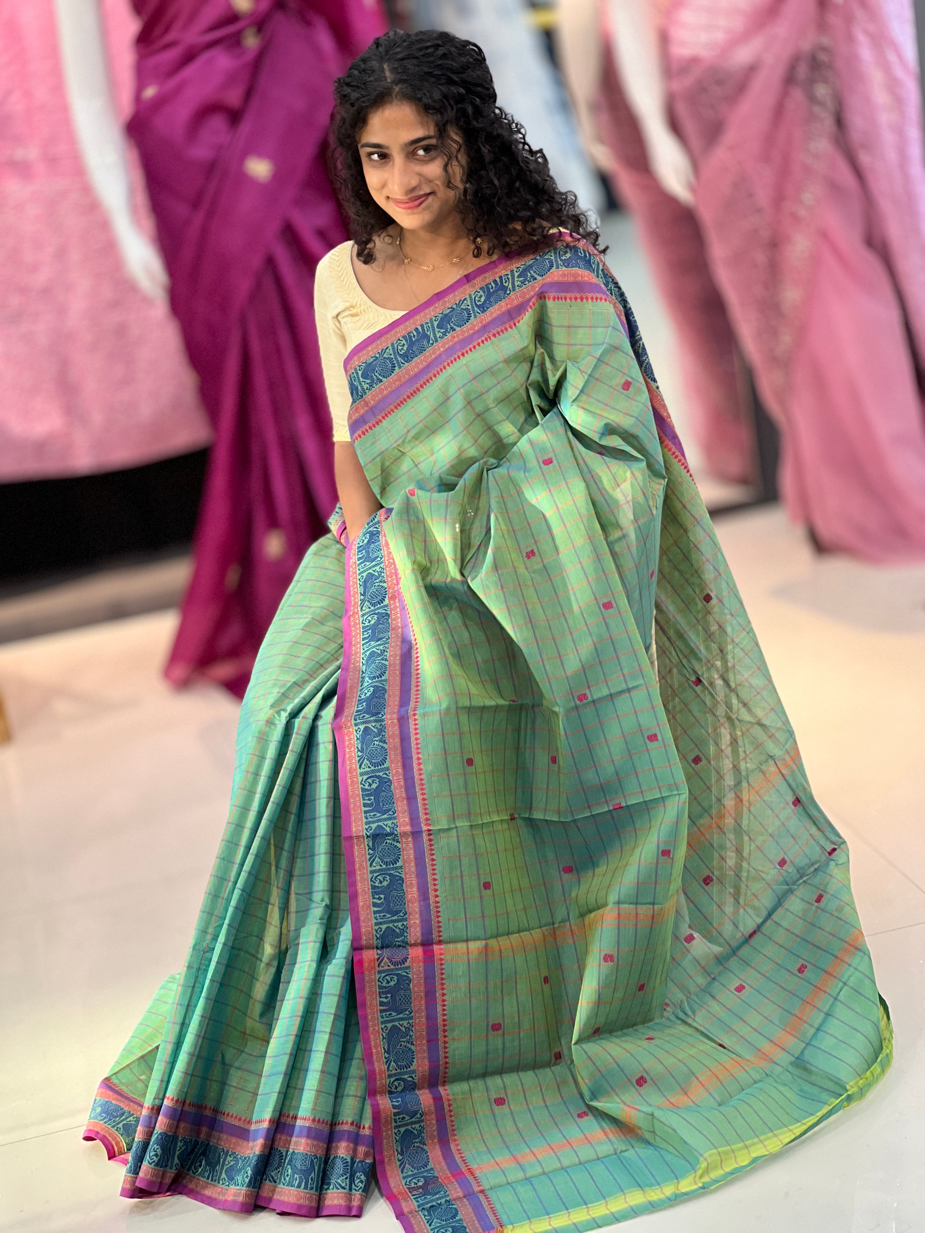 Check Weave Pattern Kanchi Cotton Saree | NVR110
