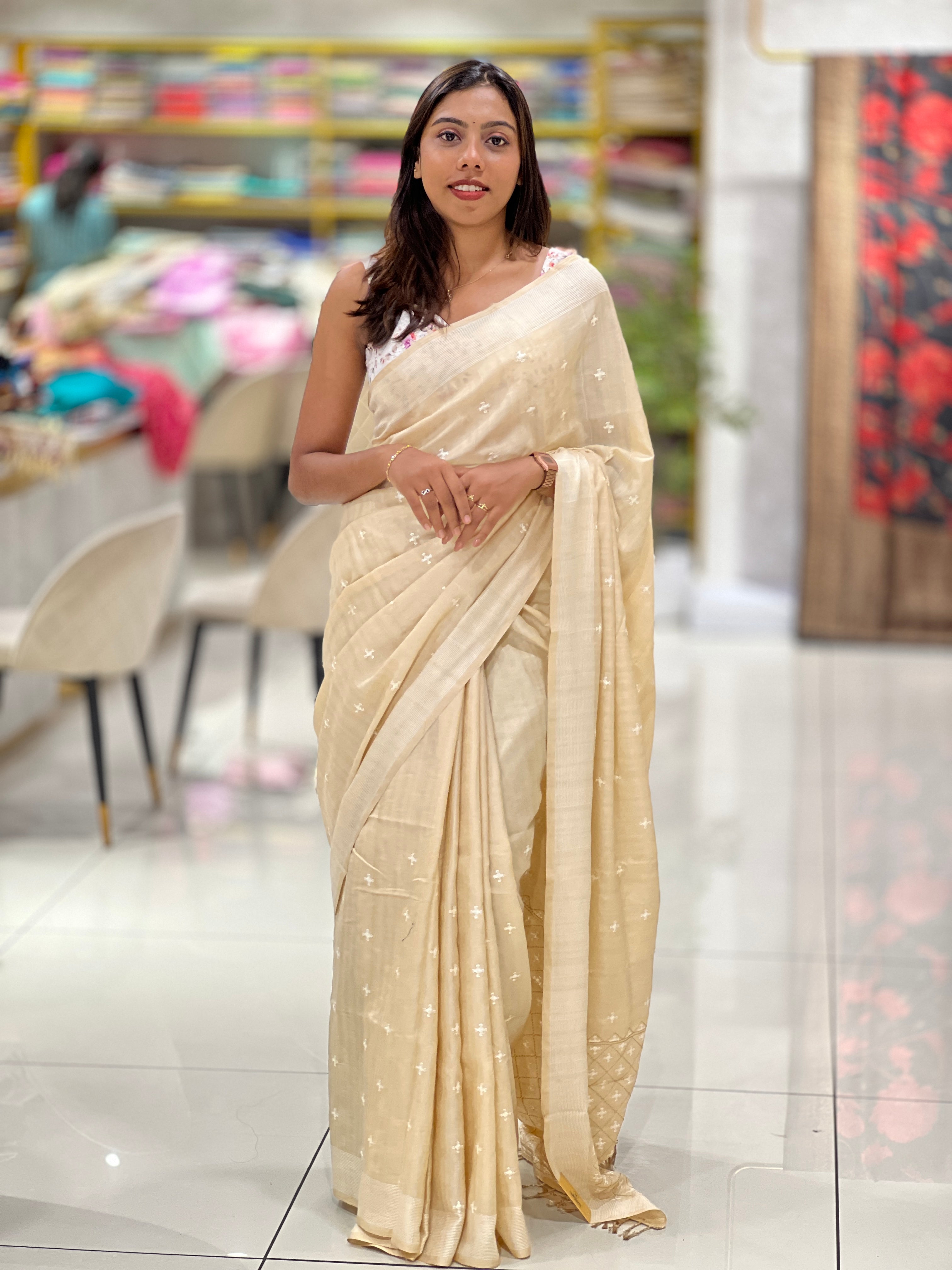 Embroidery Detailed Semi Tussar Saree | SUN723