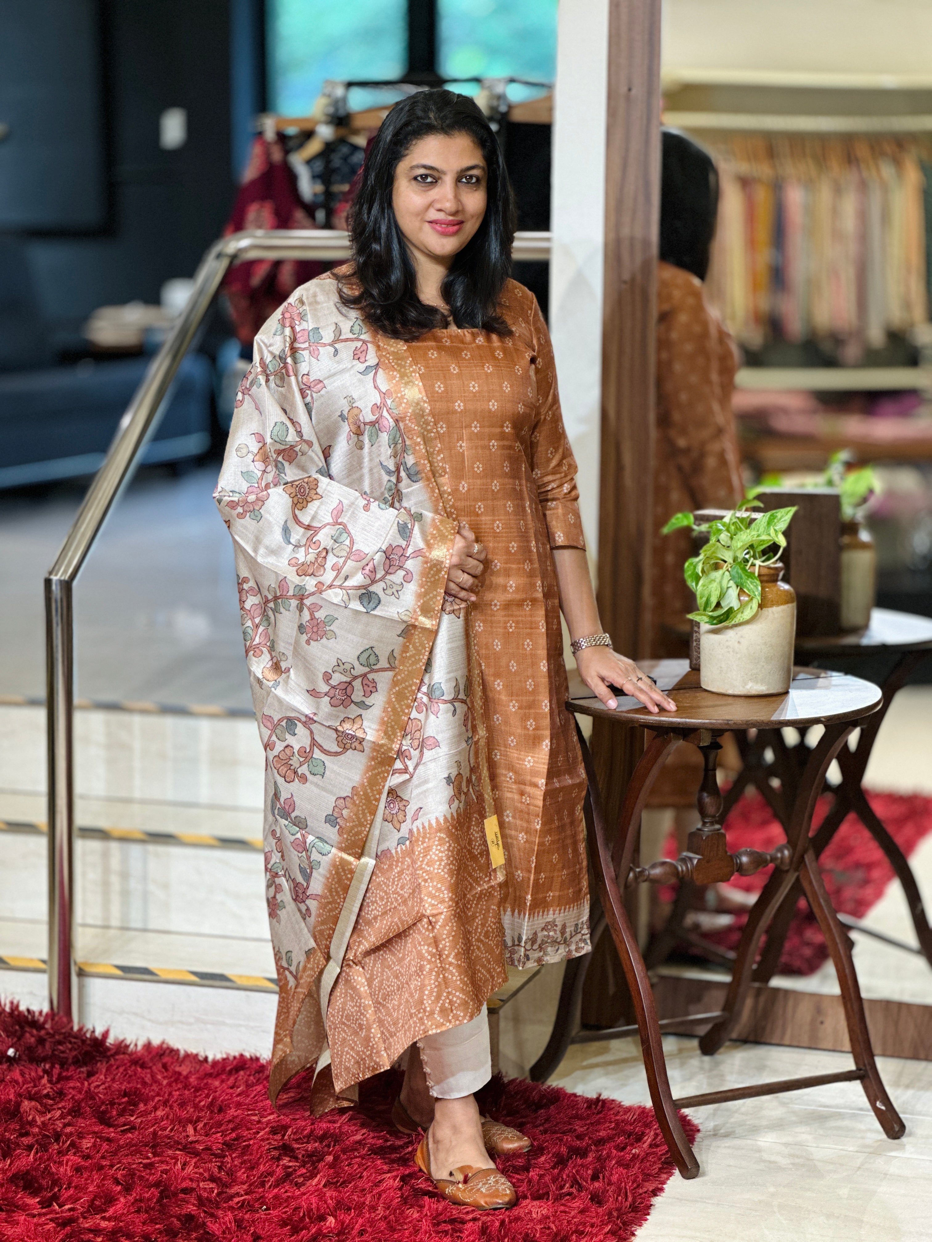 Bandhani & Kalamkari Print Detailed Semi Tussar Salwar Set (Without Bottom) | SSN440
