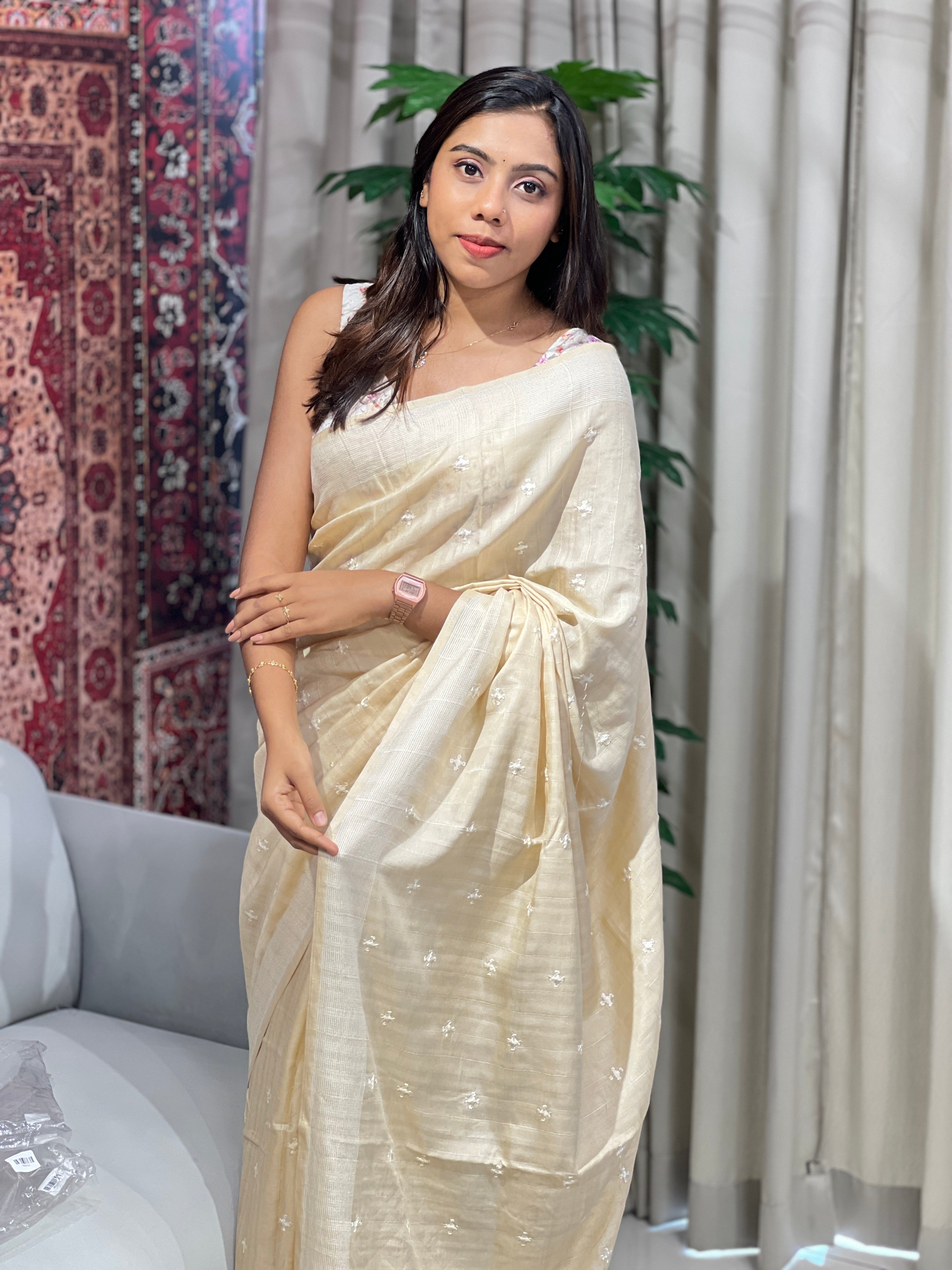 Embroidery Detailed Semi Tussar Saree | SUN723