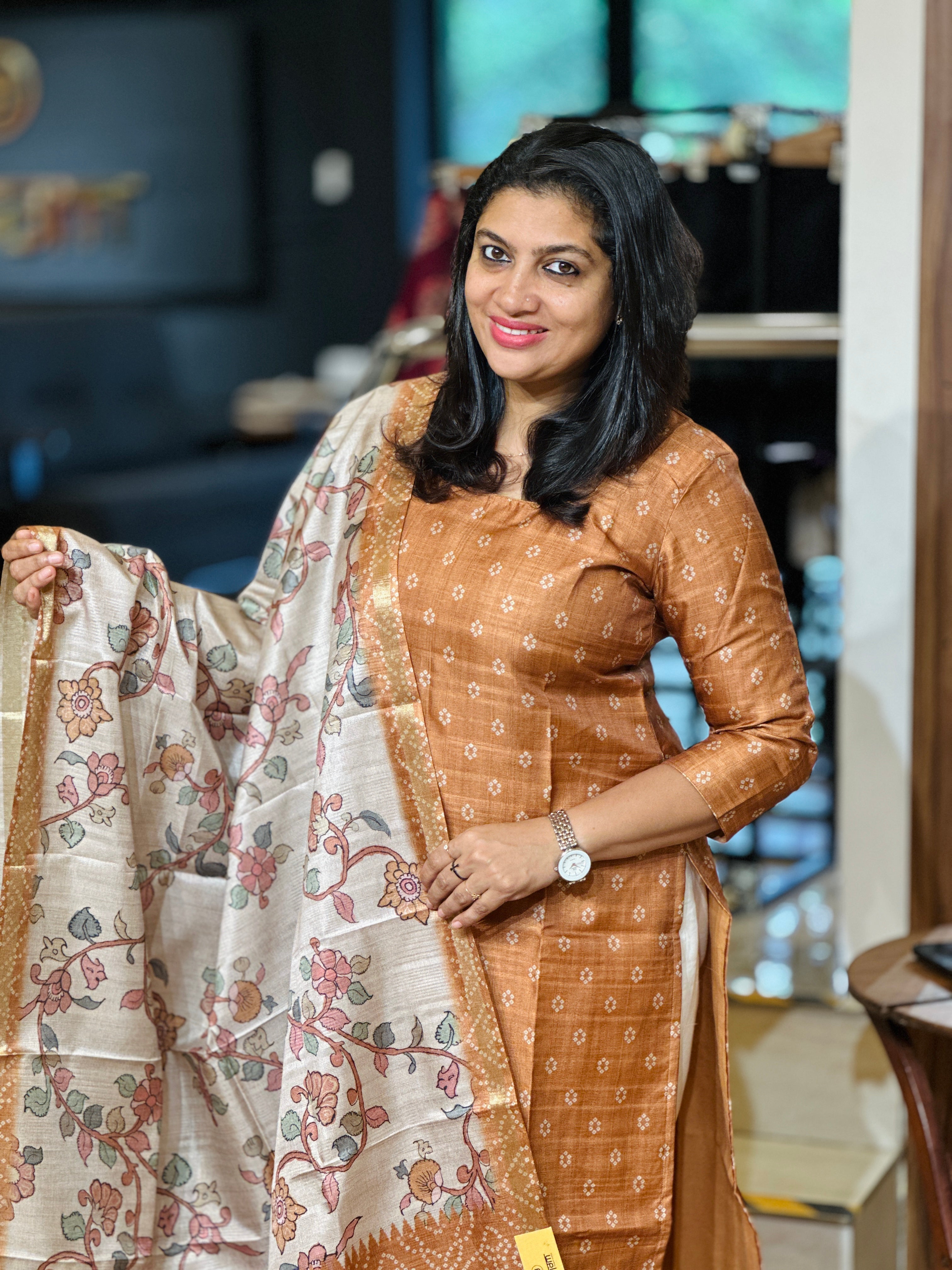 Bandhani & Kalamkari Print Detailed Semi Tussar Salwar Set (Without Bottom) | SSN440