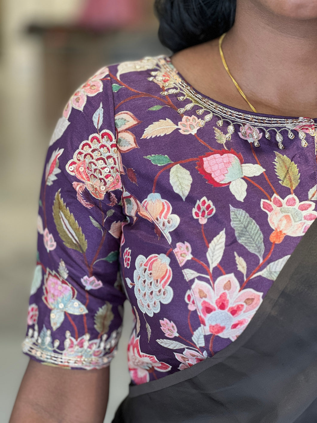 Floral Print With Hand Work Highlighted Chanderi Stitched Blouse | IT156