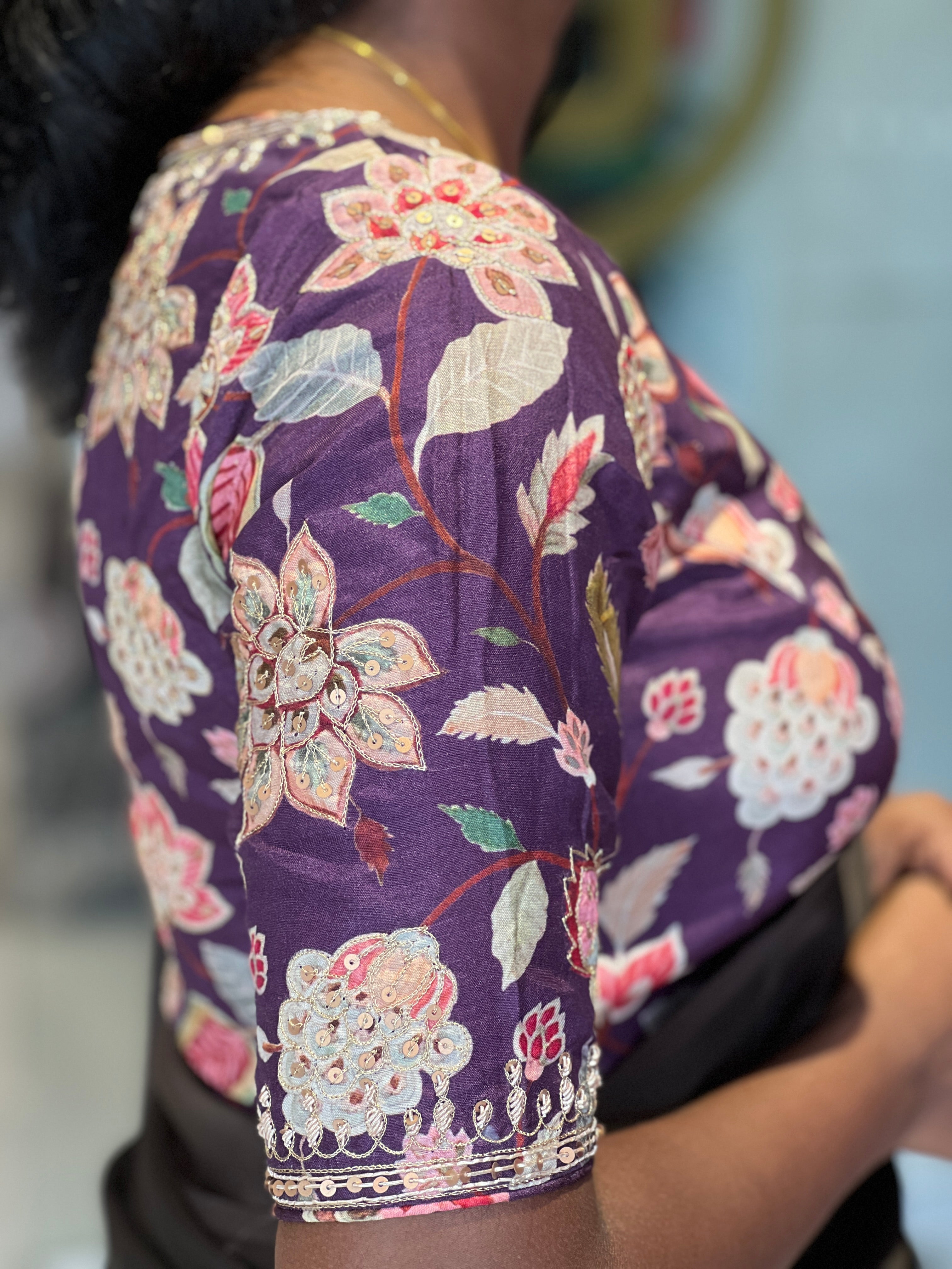 Floral Print With Hand Work Highlighted Chanderi Stitched Blouse | IT156
