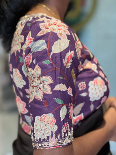 Floral Print With Hand Work Highlighted Chanderi Stitched Blouse | IT156