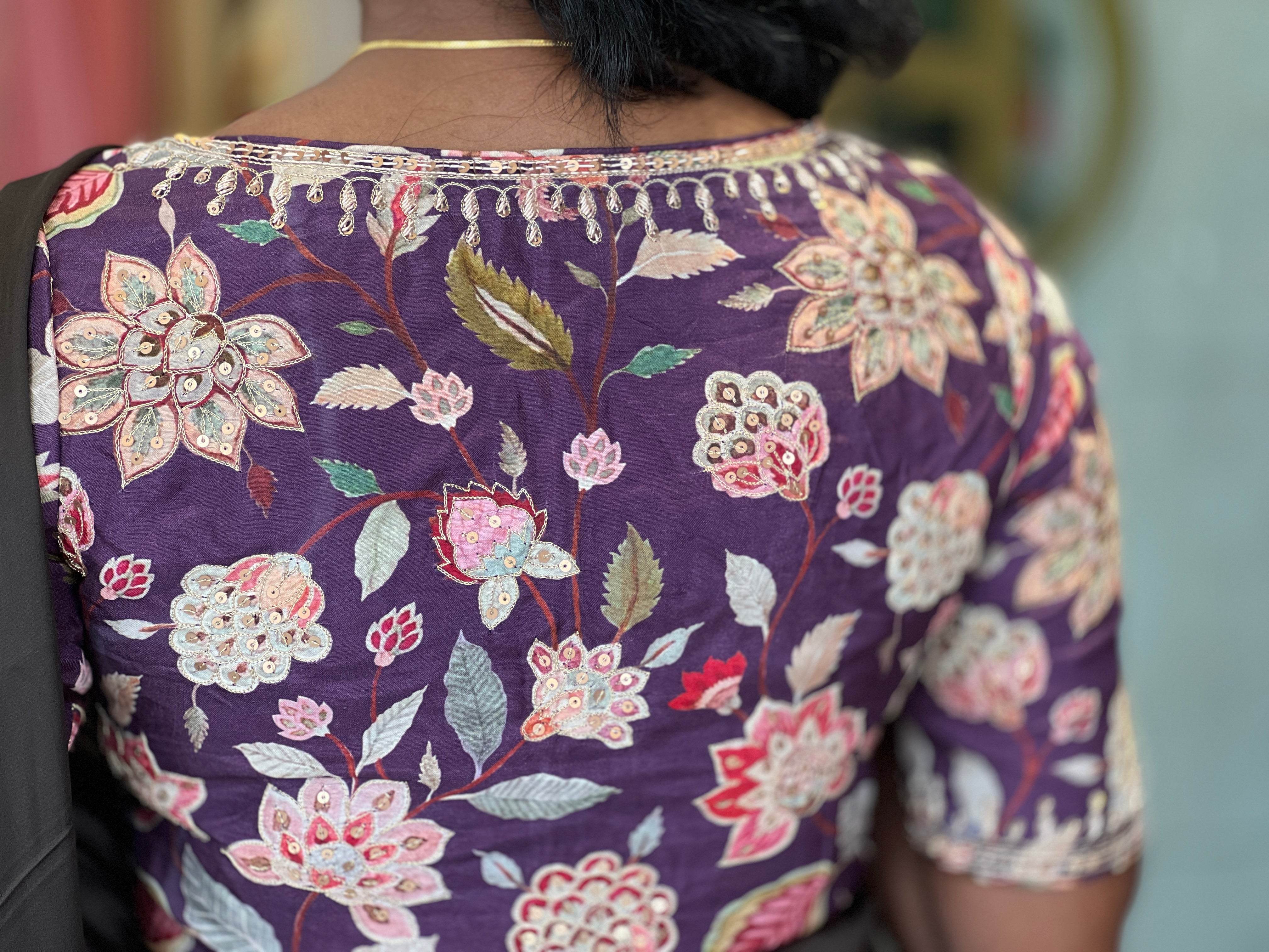 Floral Print With Hand Work Highlighted Chanderi Stitched Blouse | IT156