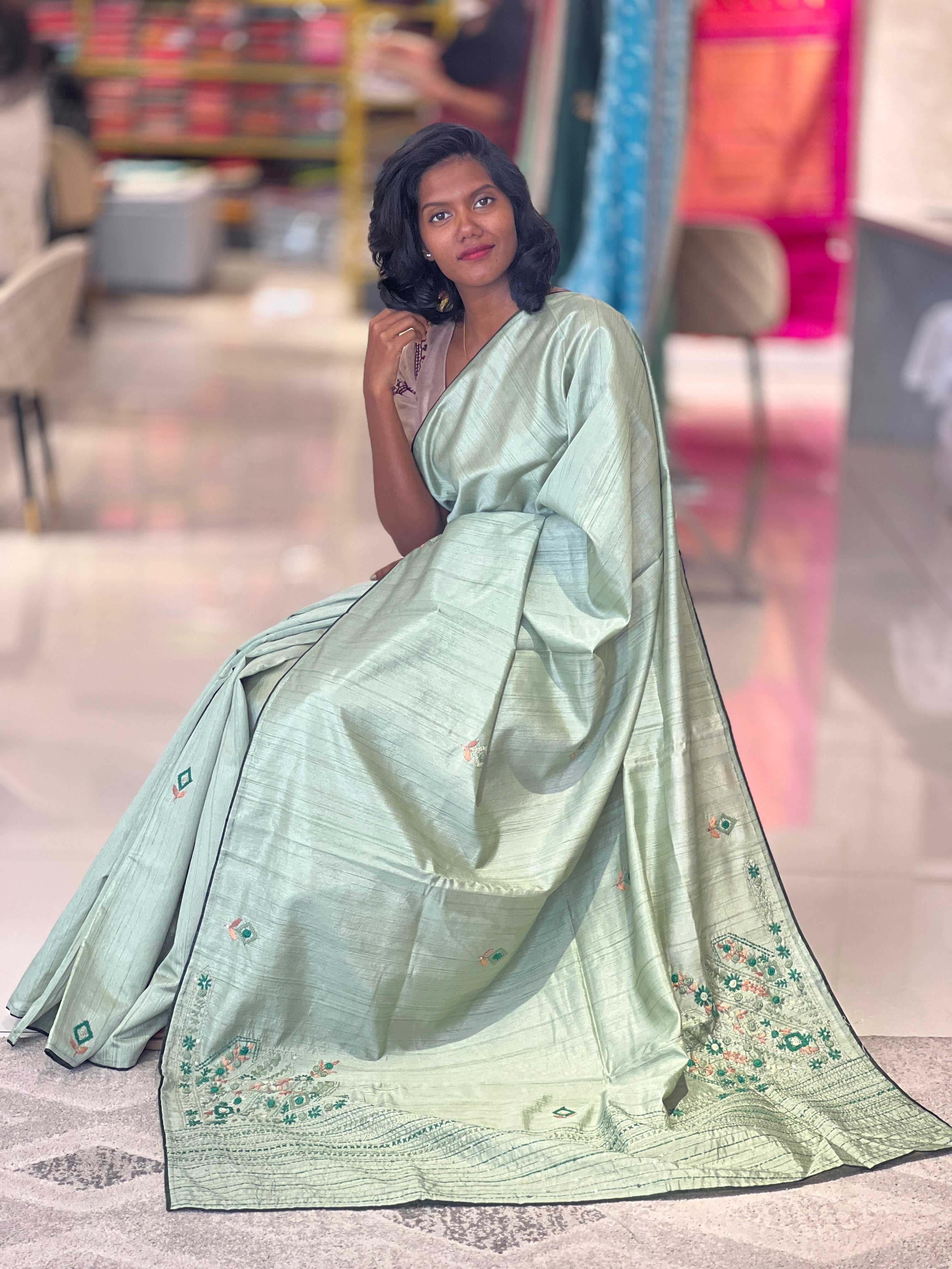 Hand Embroidery Detailed Semi Tussar Saree | BLD633