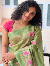 Machine Embroidery Floral Pattern Bhagalpuri Linen Saree | NHH178