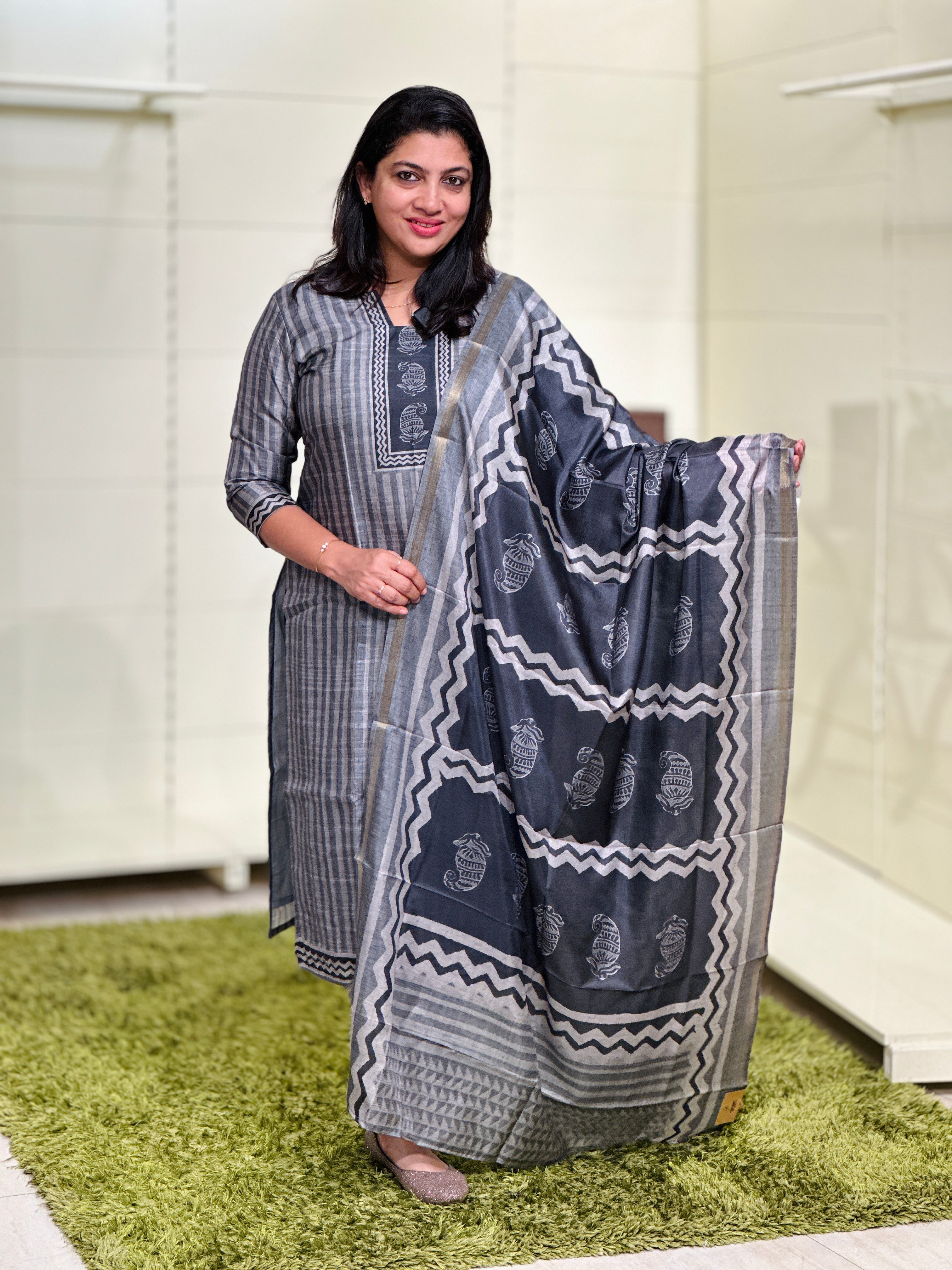 Block Printed Semi Tussar Unstitched Salwar Set (Without Bottom) | SSN436