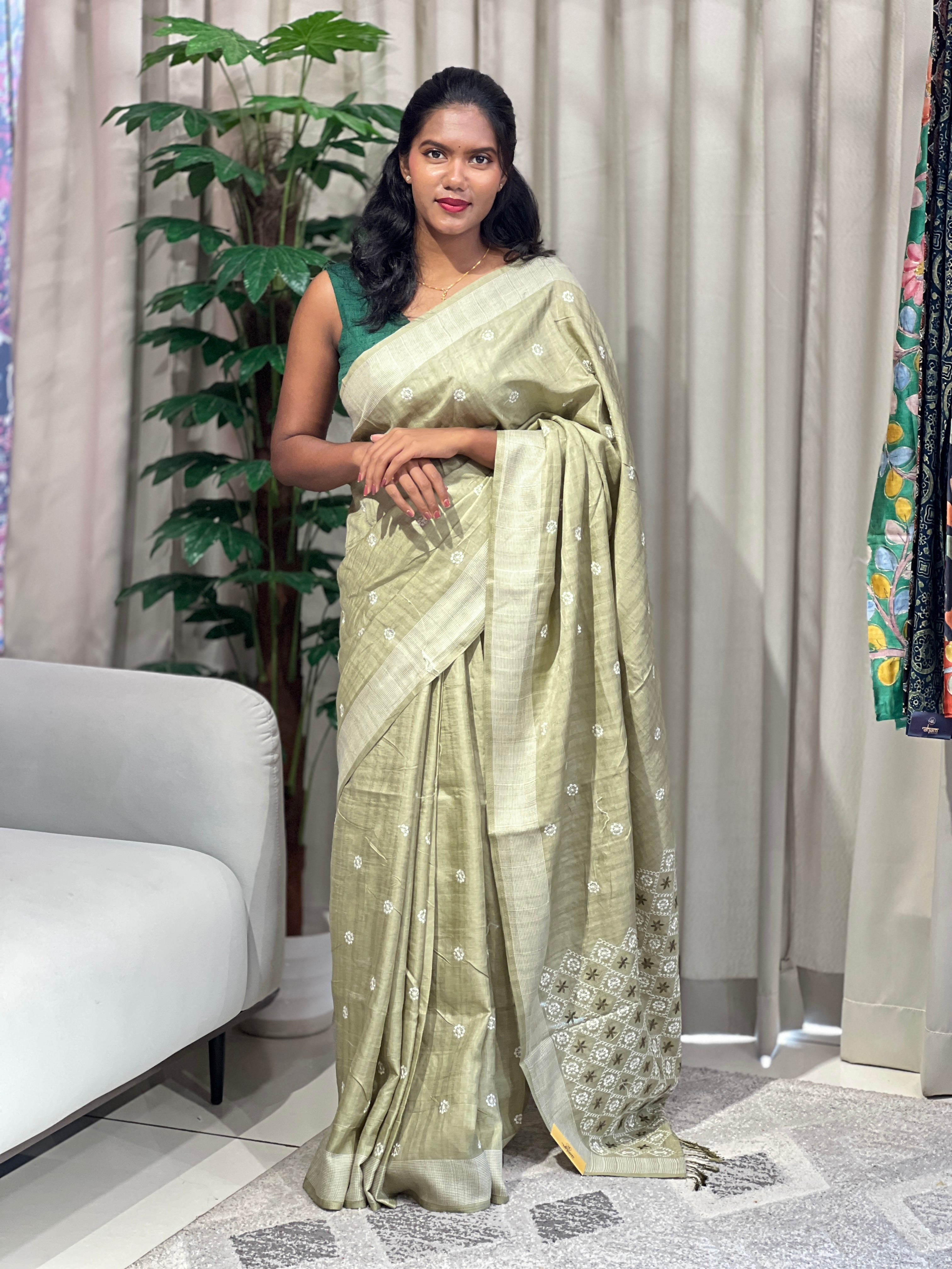 Floral Embroidery Detailed Semi Tussar Saree | SUN714