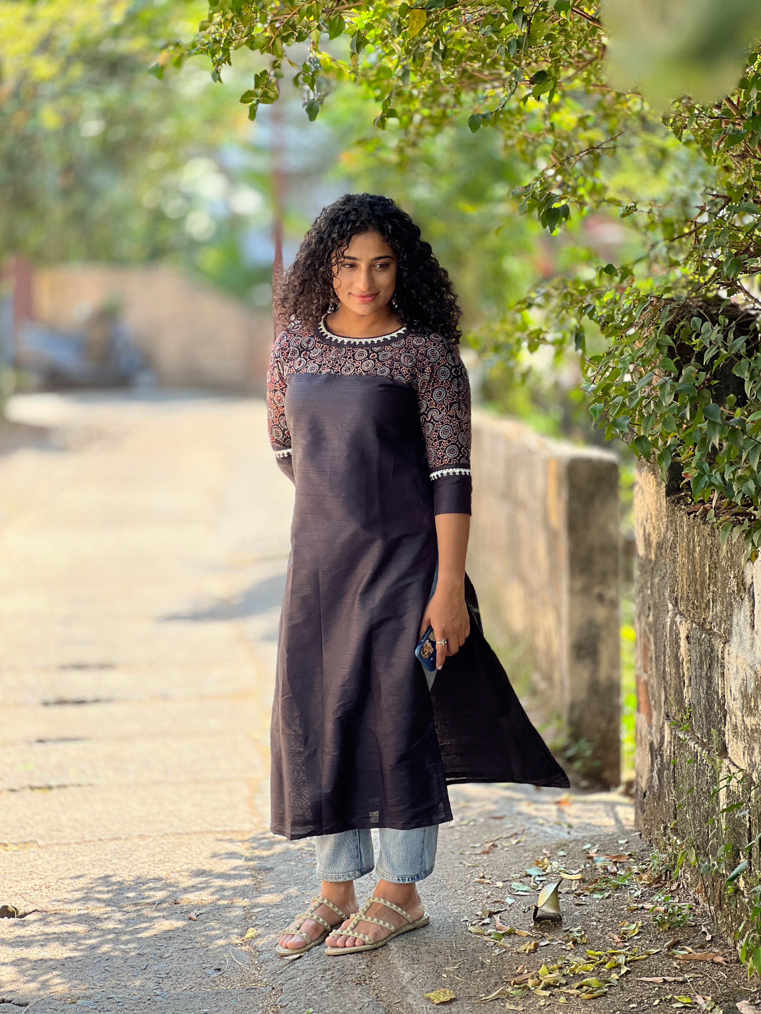 Black Ajrak Patchwork Kurta Material | DN585