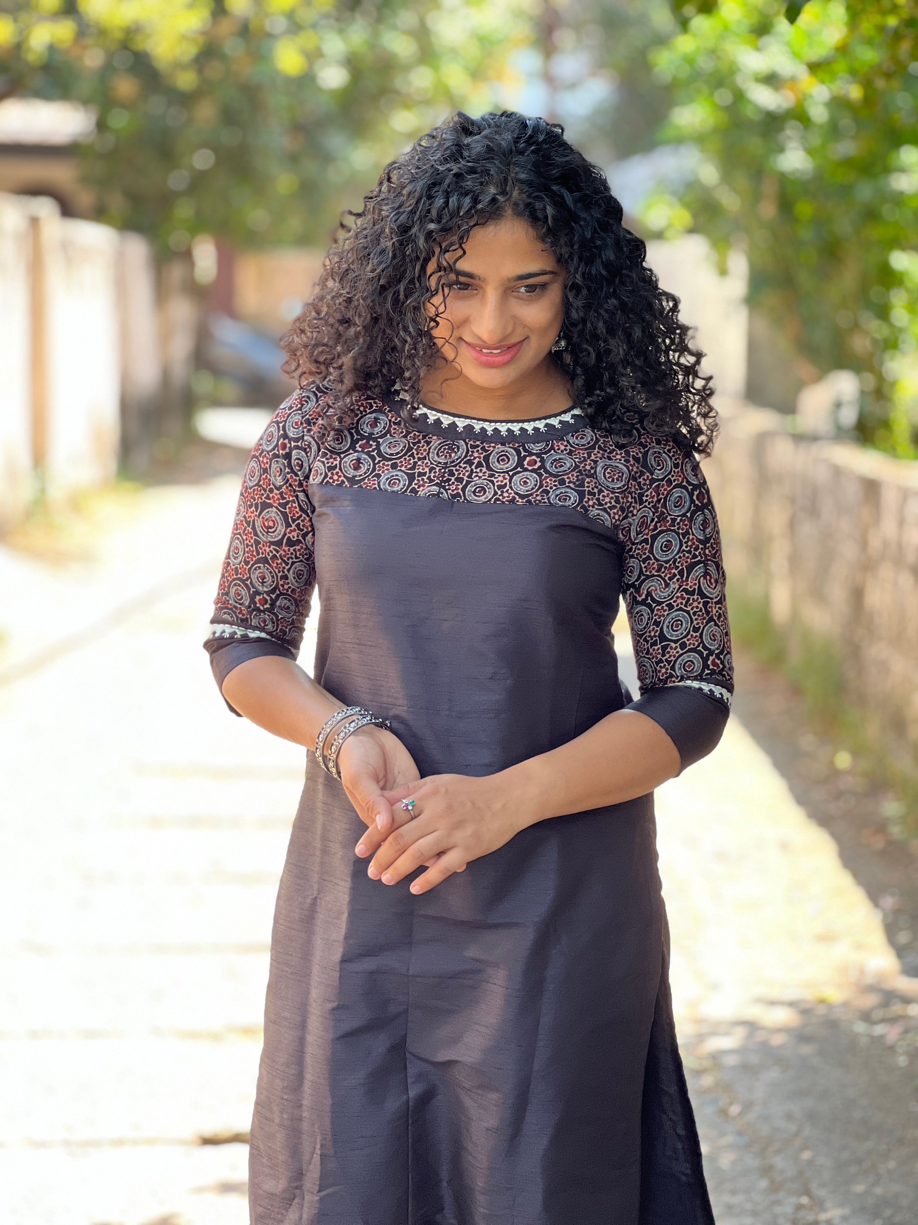 Black Ajrak Patchwork Kurta Material | DN585
