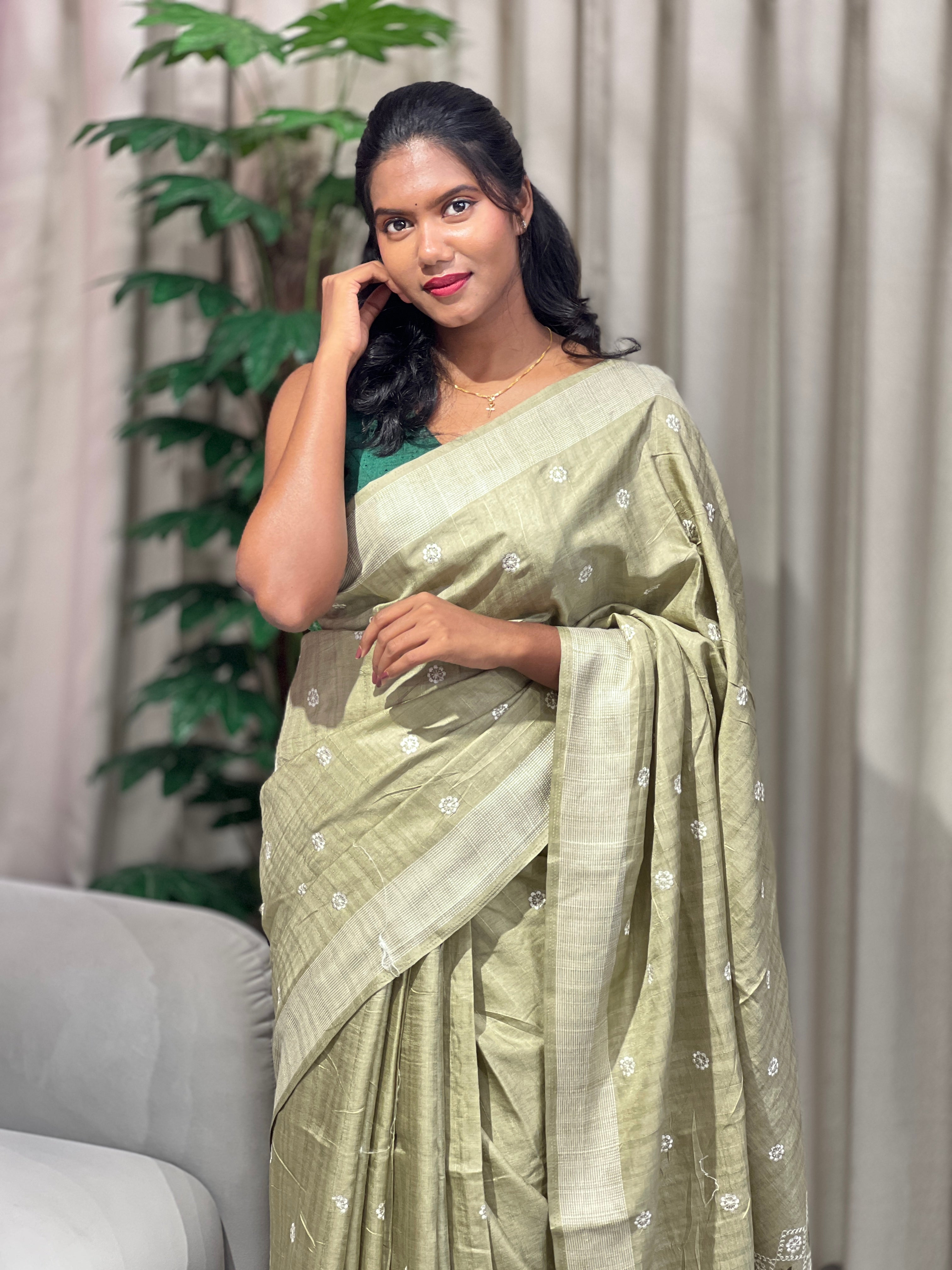 Floral Embroidery Detailed Semi Tussar Saree | SUN714