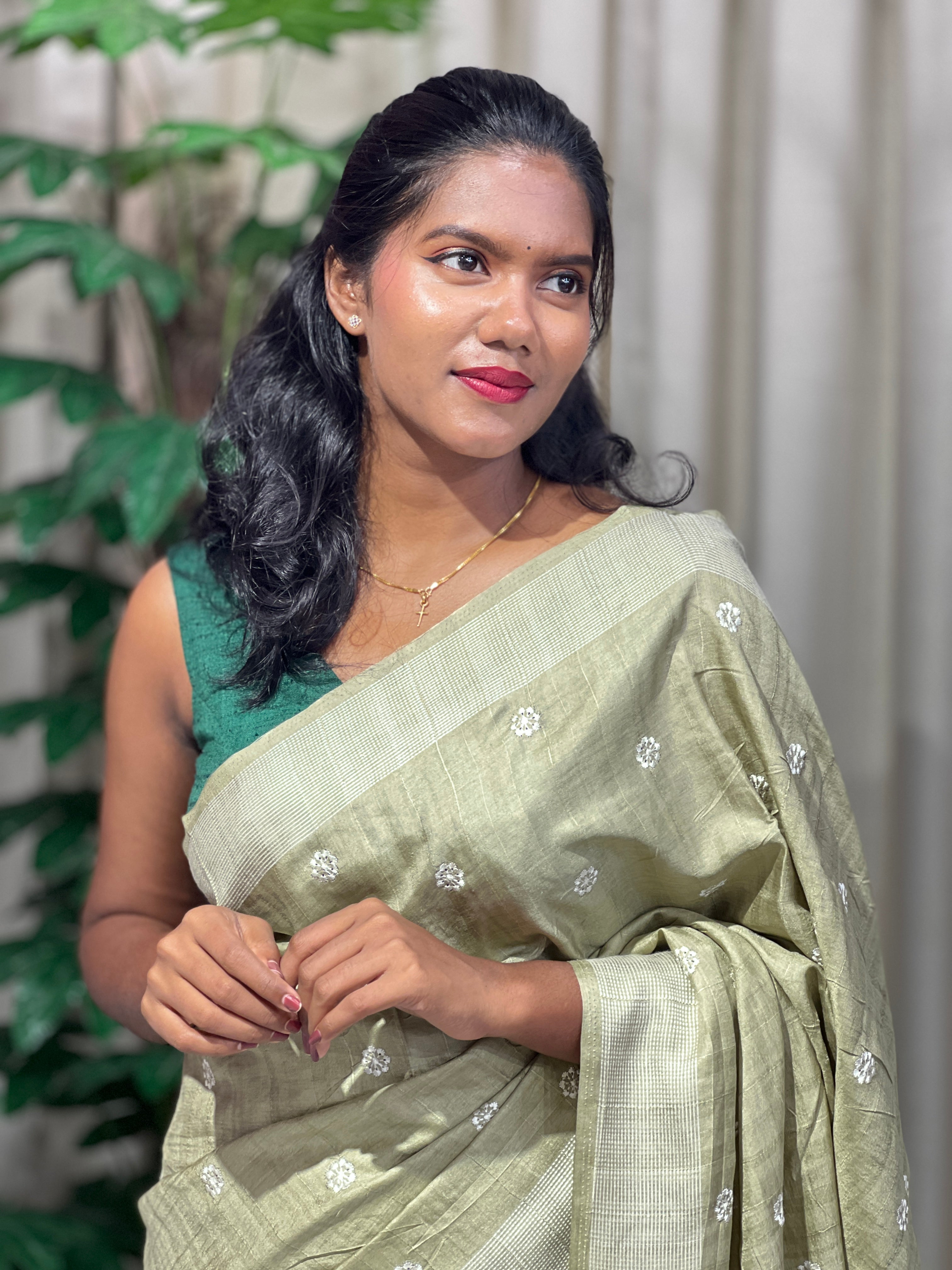 Floral Embroidery Detailed Semi Tussar Saree | SUN714