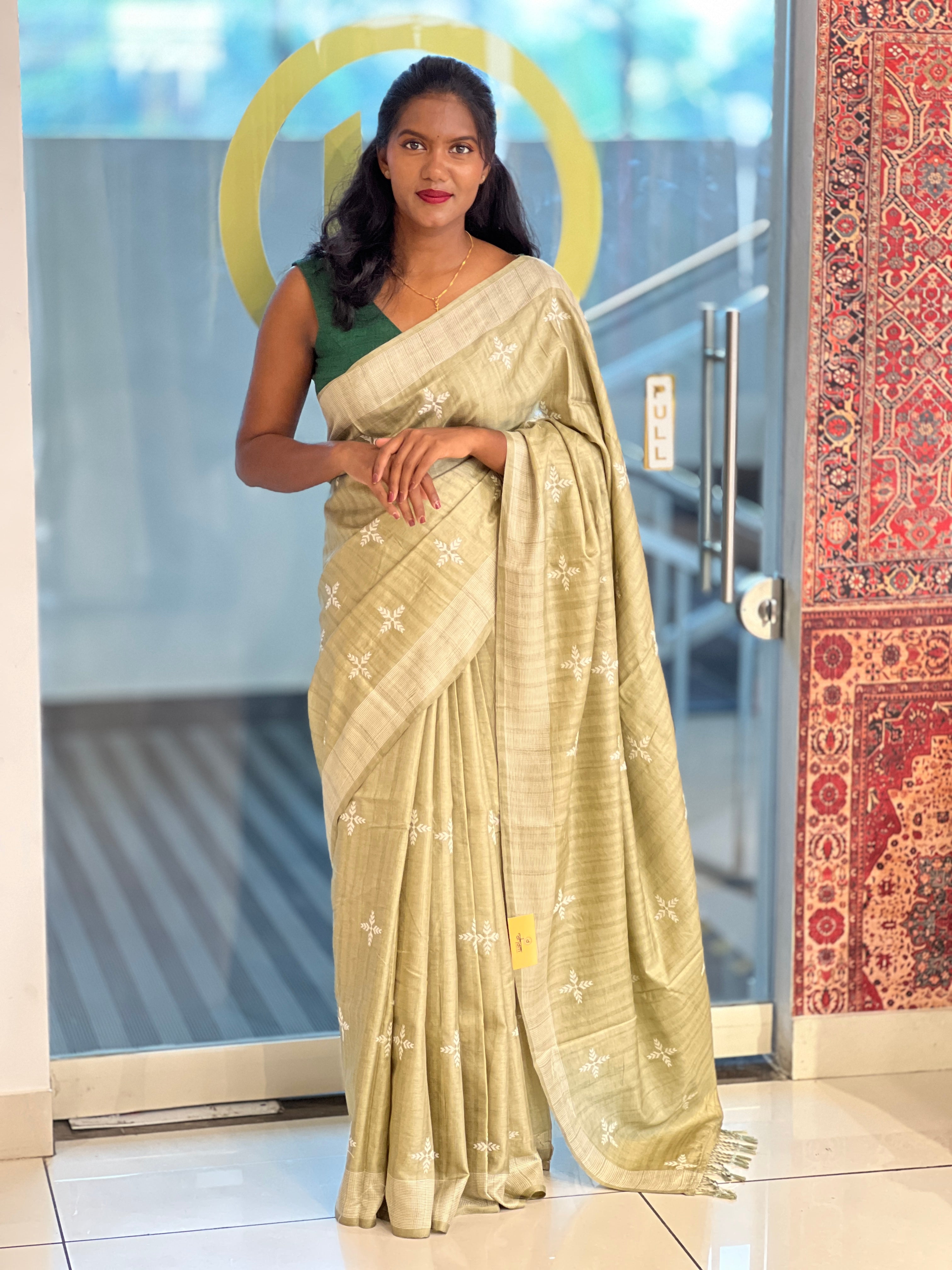 Leaf Patterned Embroidery Detailed Semi Tussar Saree | SUN702