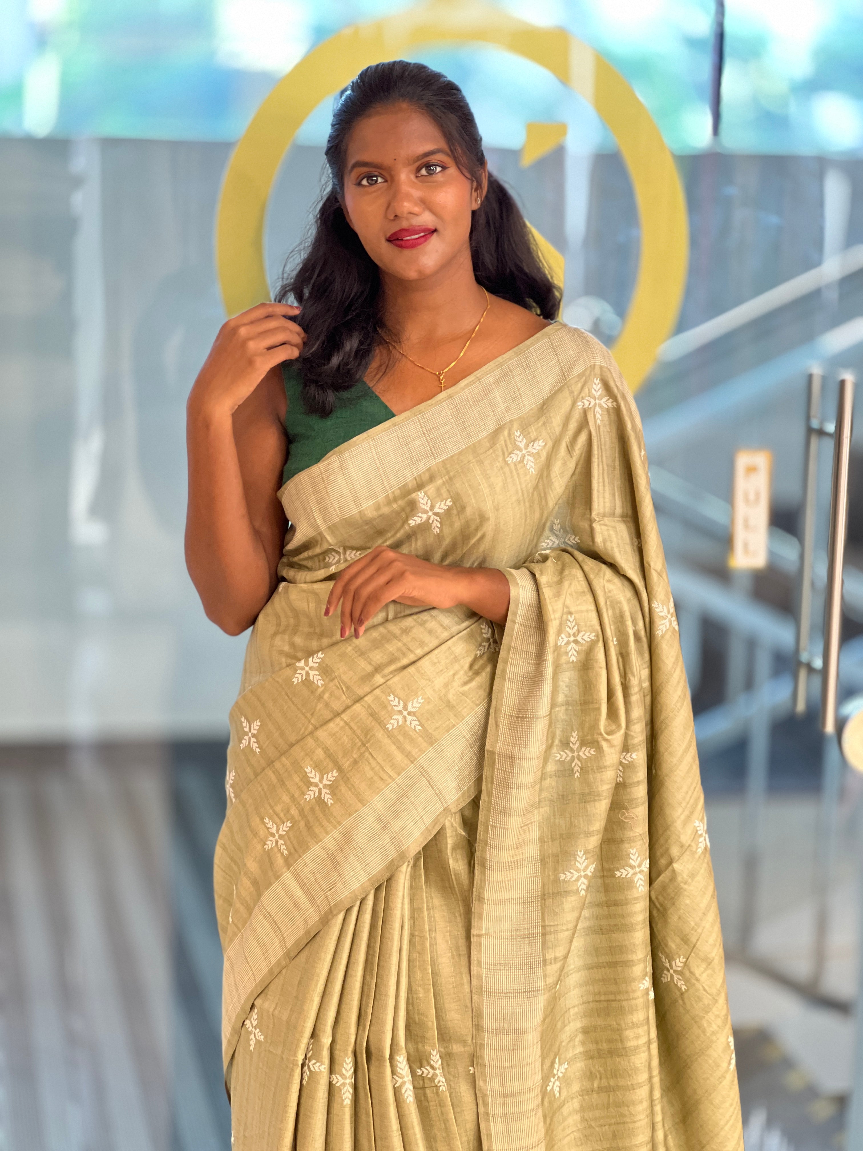 Leaf Patterned Embroidery Detailed Semi Tussar Saree | SUN702