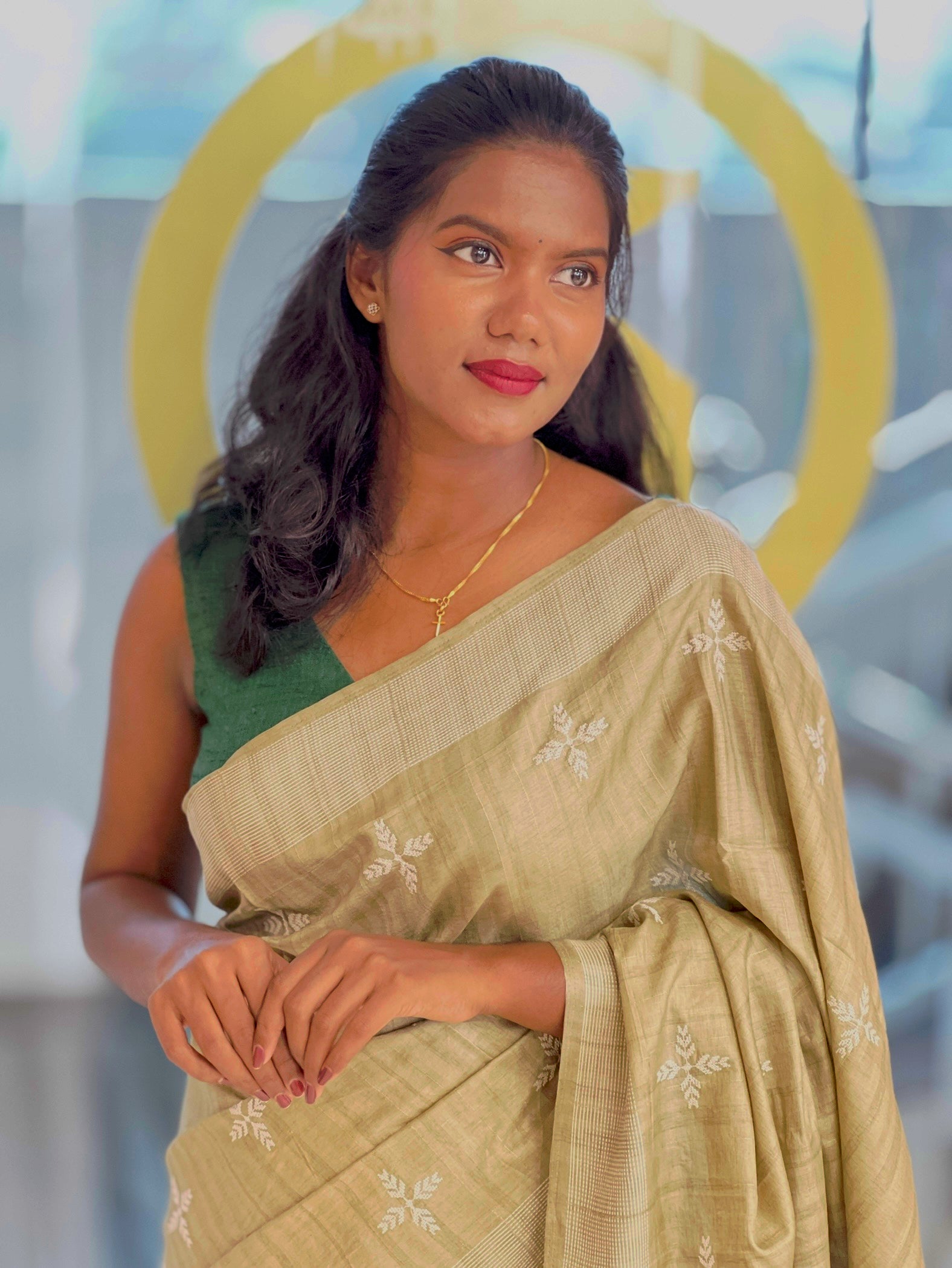 Leaf Patterned Embroidery Detailed Semi Tussar Saree | SUN702