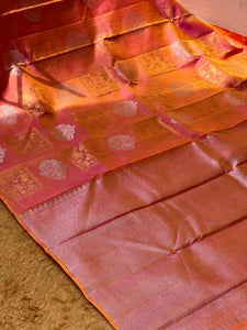 Peachish Orange Colour Silver and Golden Zari Weaved Kanchipuram Saree | AK104