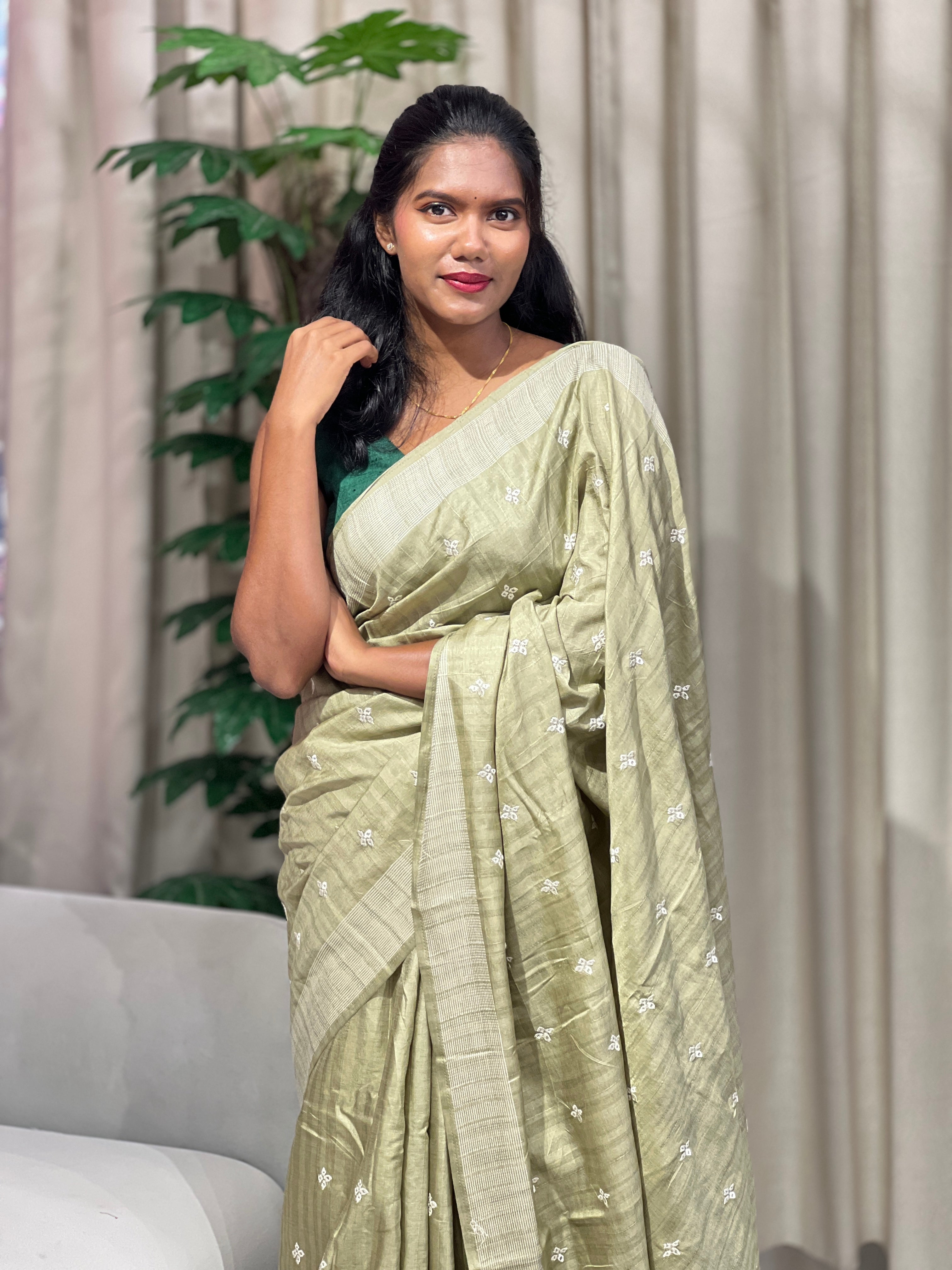 Floral Embroidery Detailed Semi Tussar Saree | SUN738