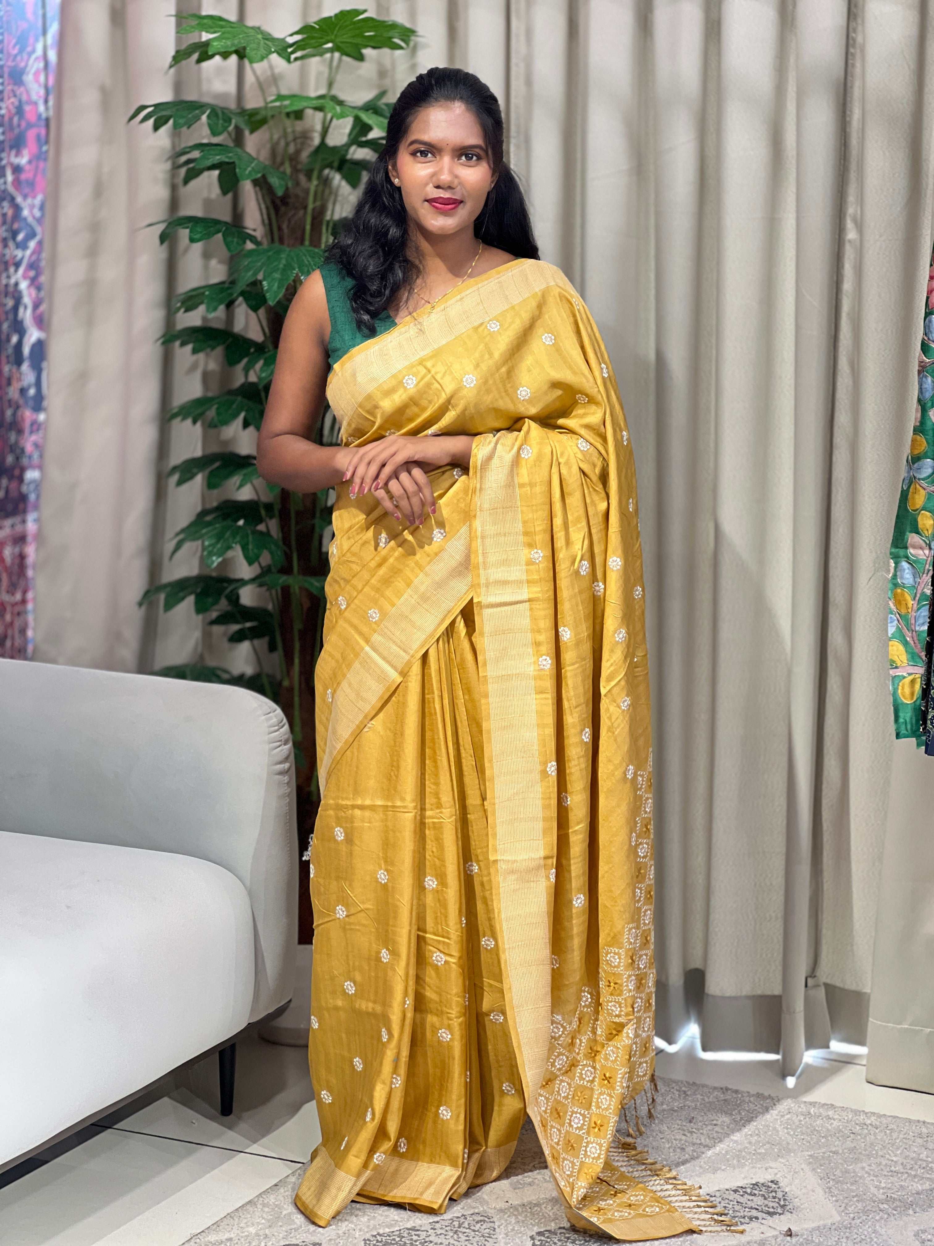 Floral Embroidery Detailed Semi Tussar Saree | SUN710