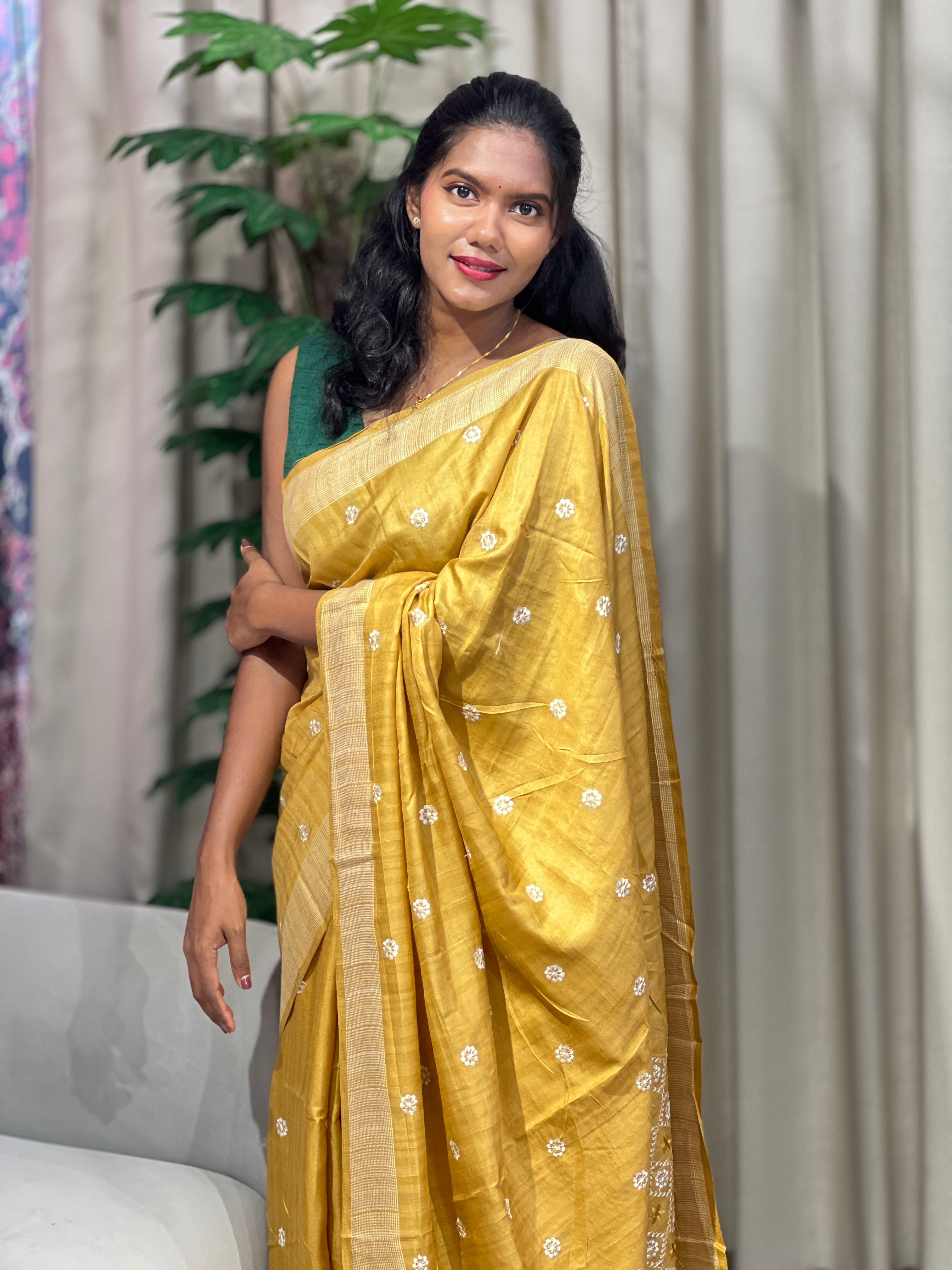 Floral Embroidery Detailed Semi Tussar Saree | SUN710