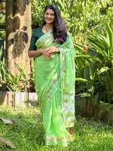 Floral Hand Embroidery Pattern Bhagalpuri Linen Saree | RP376