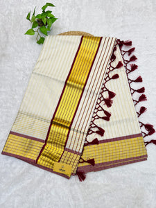 Stripe Weaving Patterned Kerala Cotton Saree | GAT315
