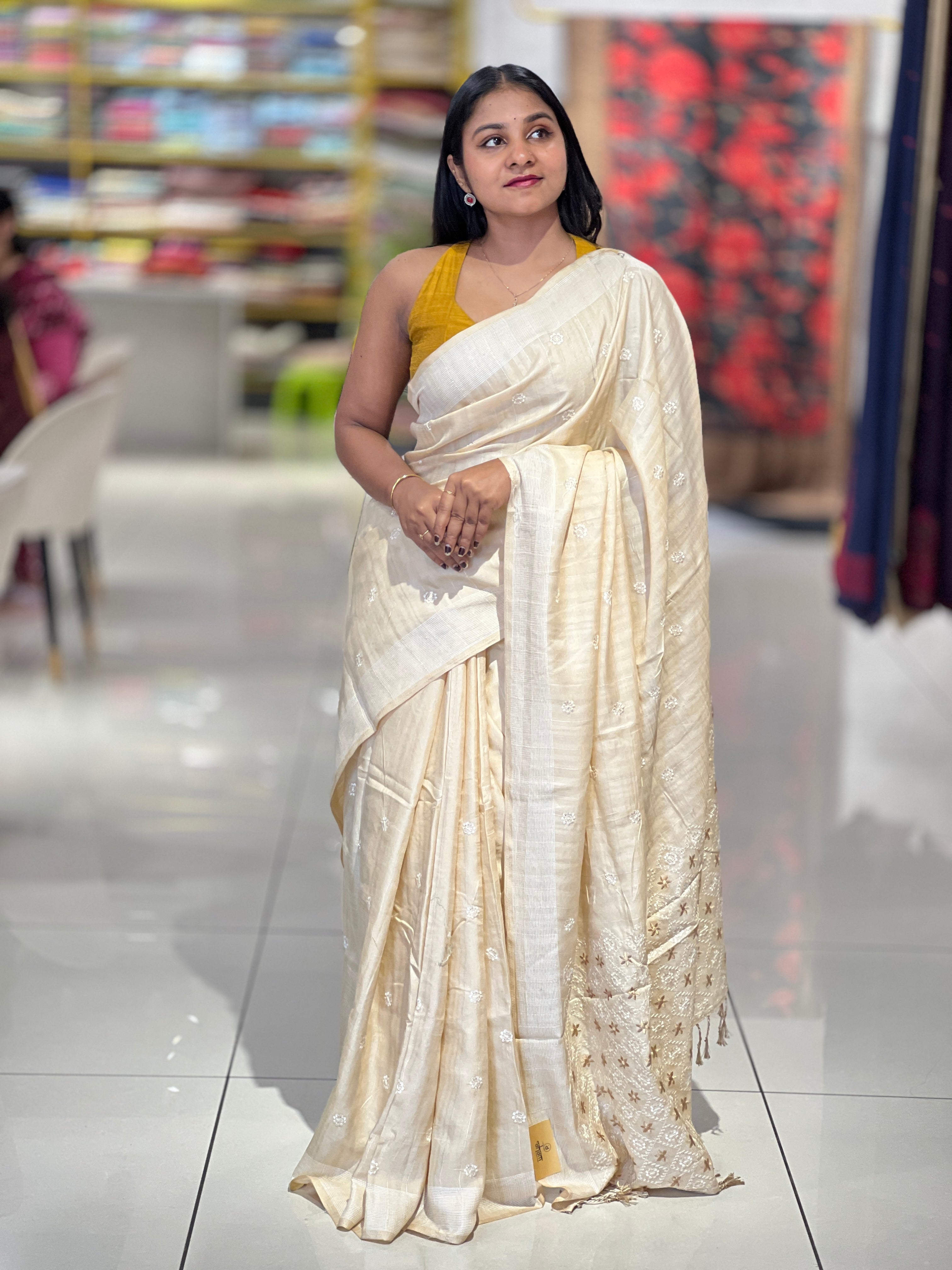 Floral Embroidery Detailed Semi Tussar Saree | SUN708