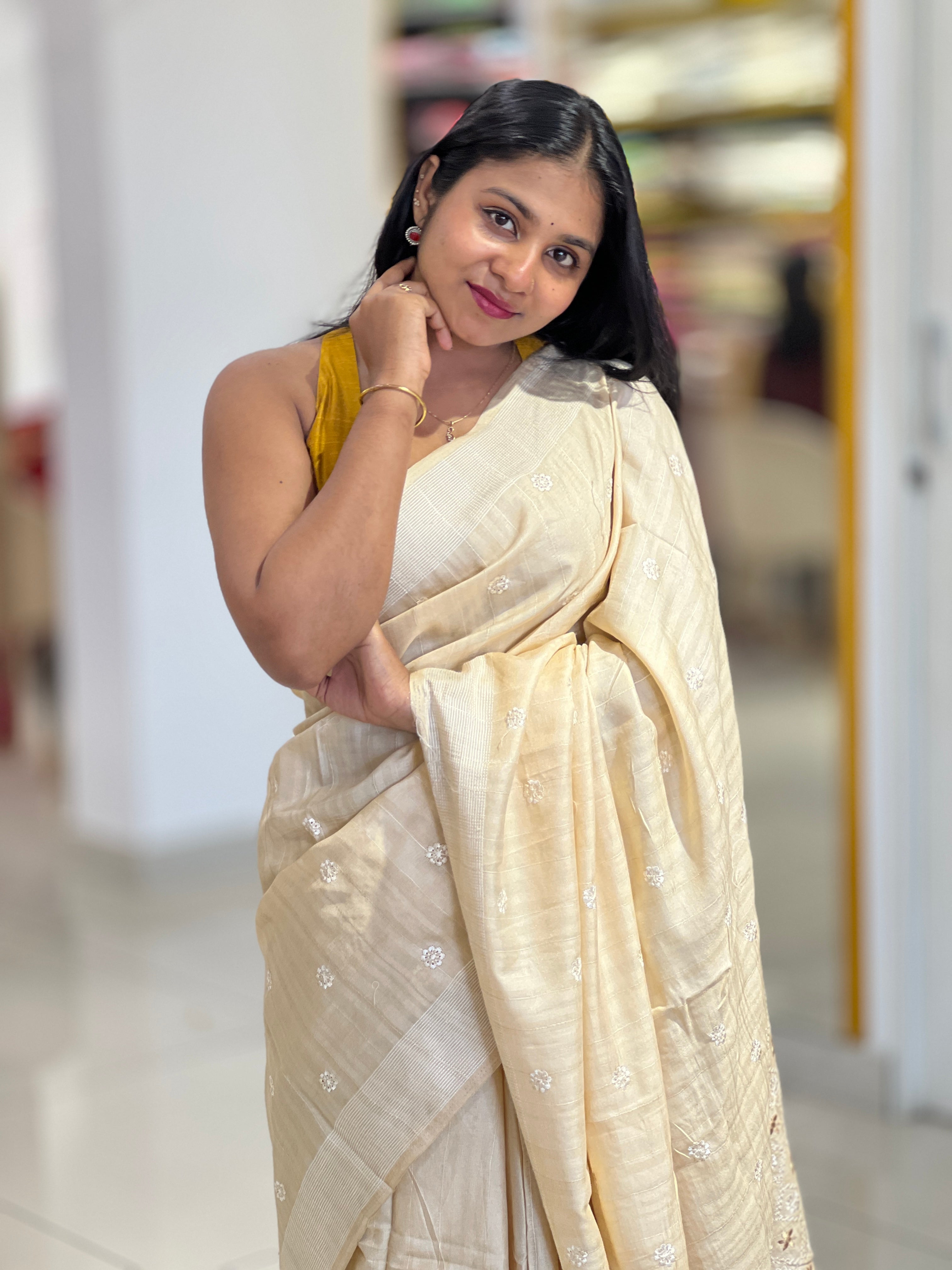 Floral Embroidery Detailed Semi Tussar Saree | SUN708