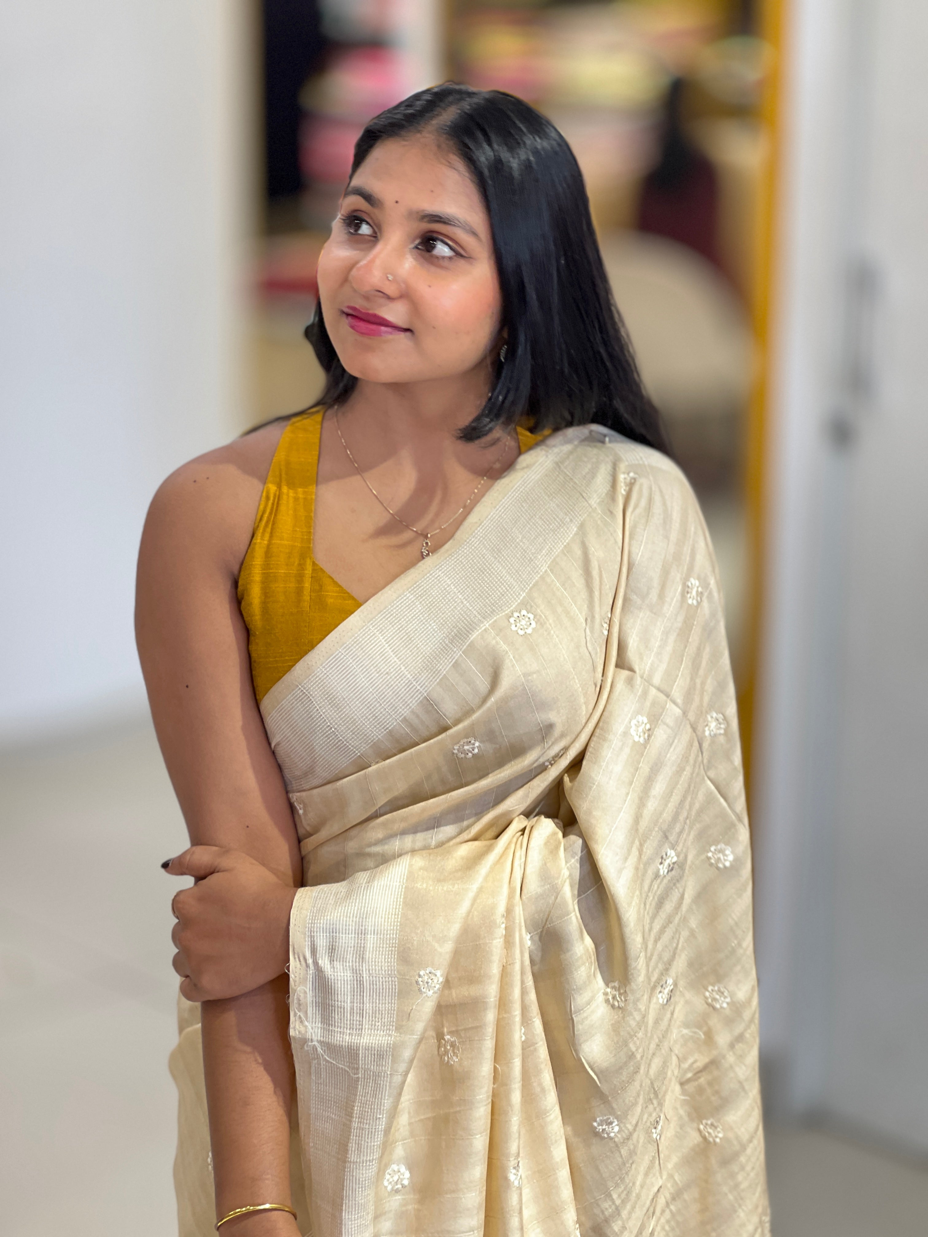 Floral Embroidery Detailed Semi Tussar Saree | SUN708