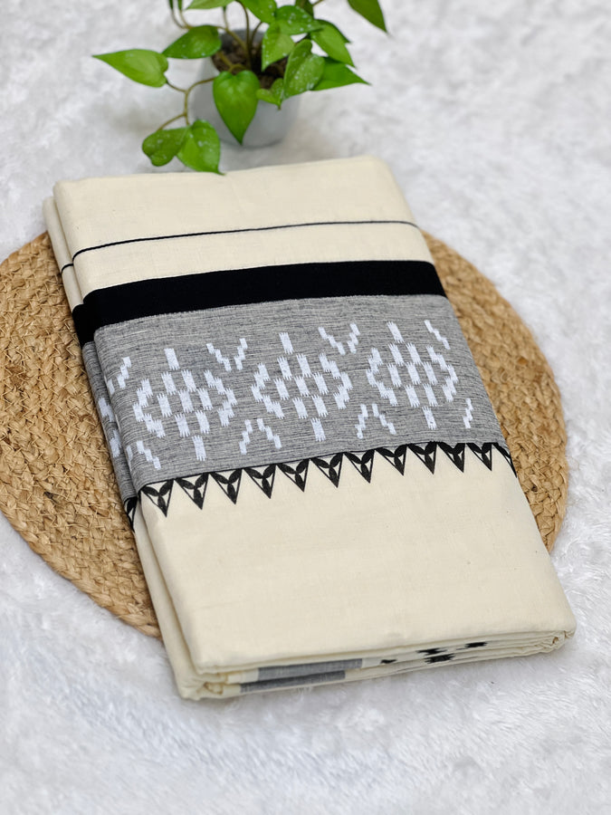 Block Print With Kara Border Detailed Kerala Cotton Saree | GAT325