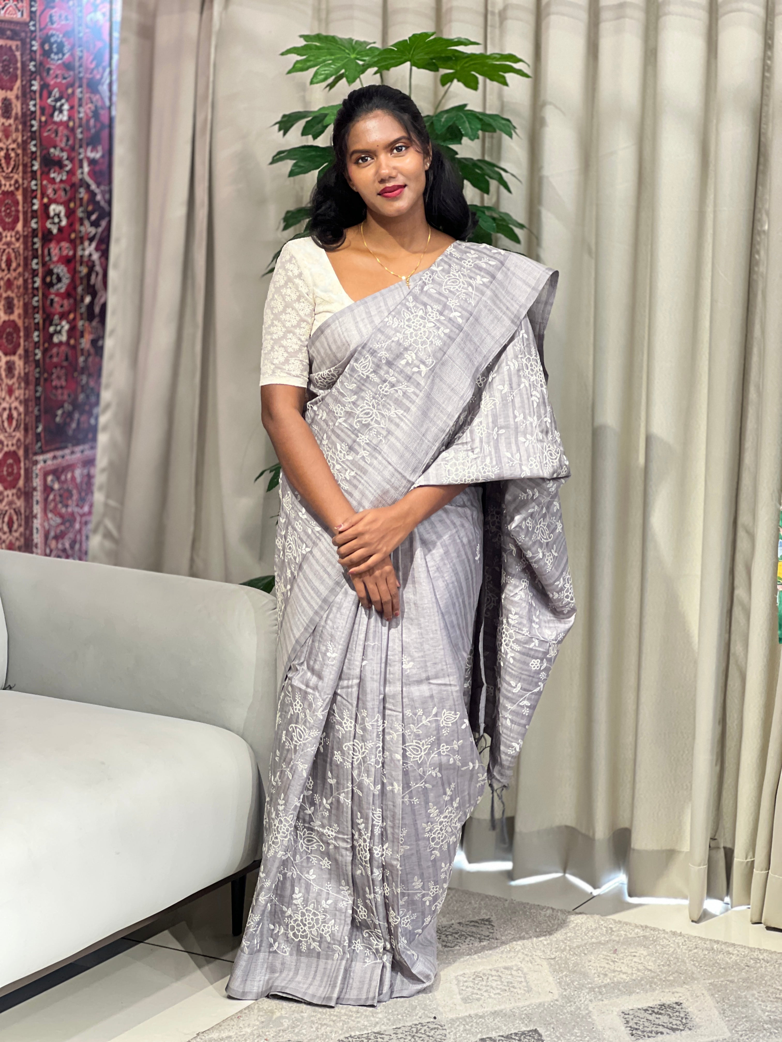 Machine Embroidered Semi Tussar Saree | SUN720