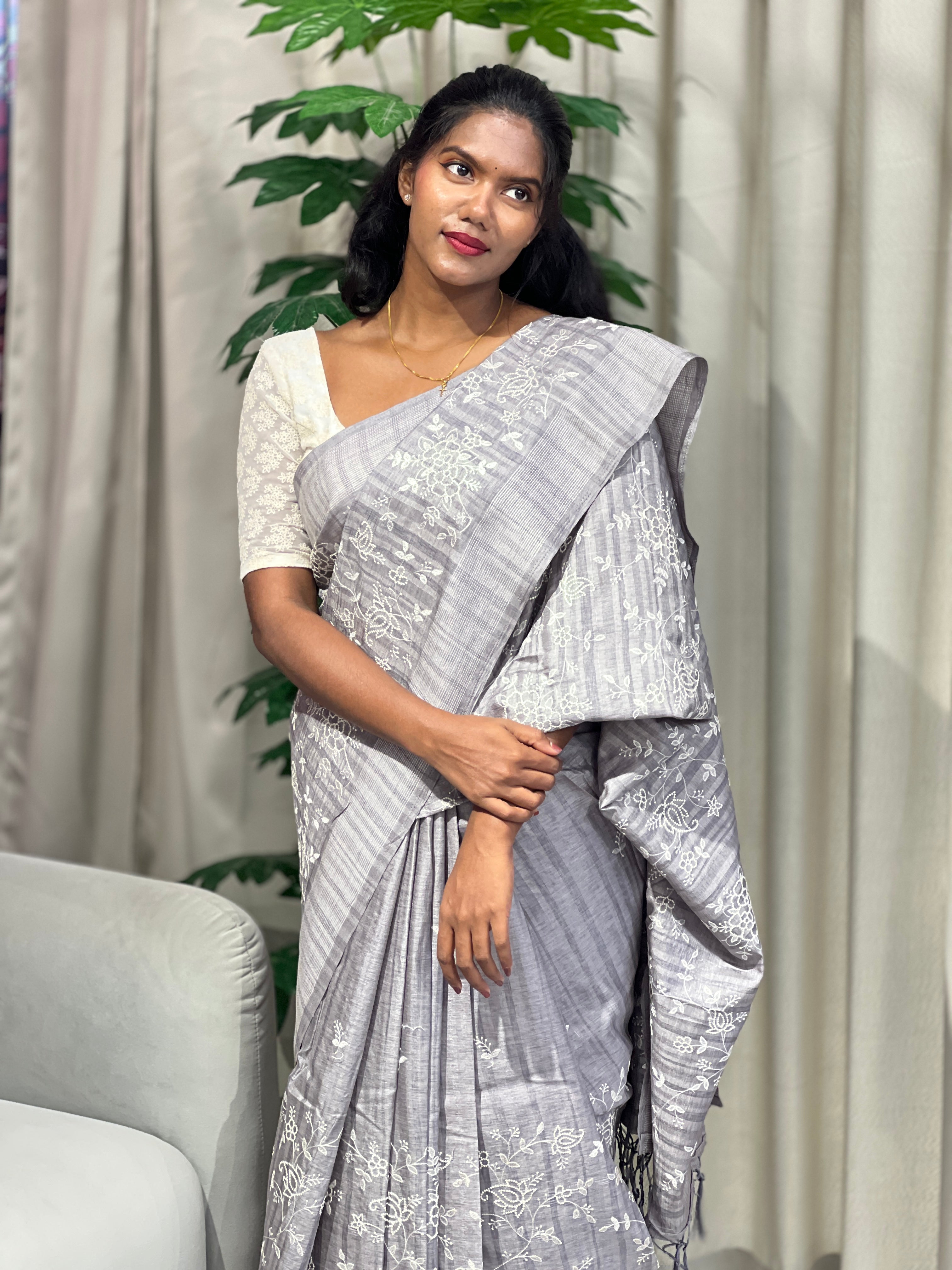 Machine Embroidered Semi Tussar Saree | SUN720