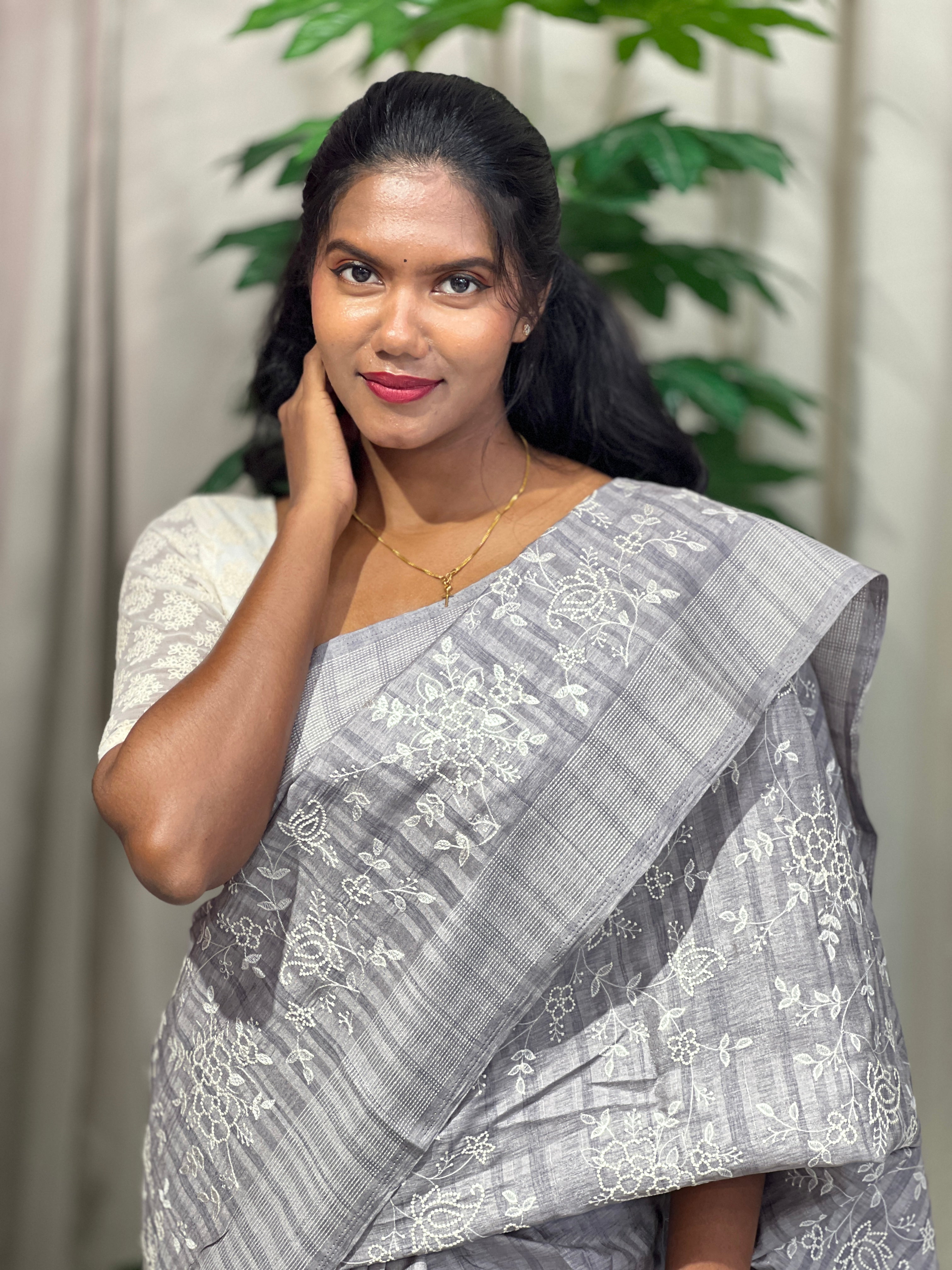 Machine Embroidered Semi Tussar Saree | SUN720