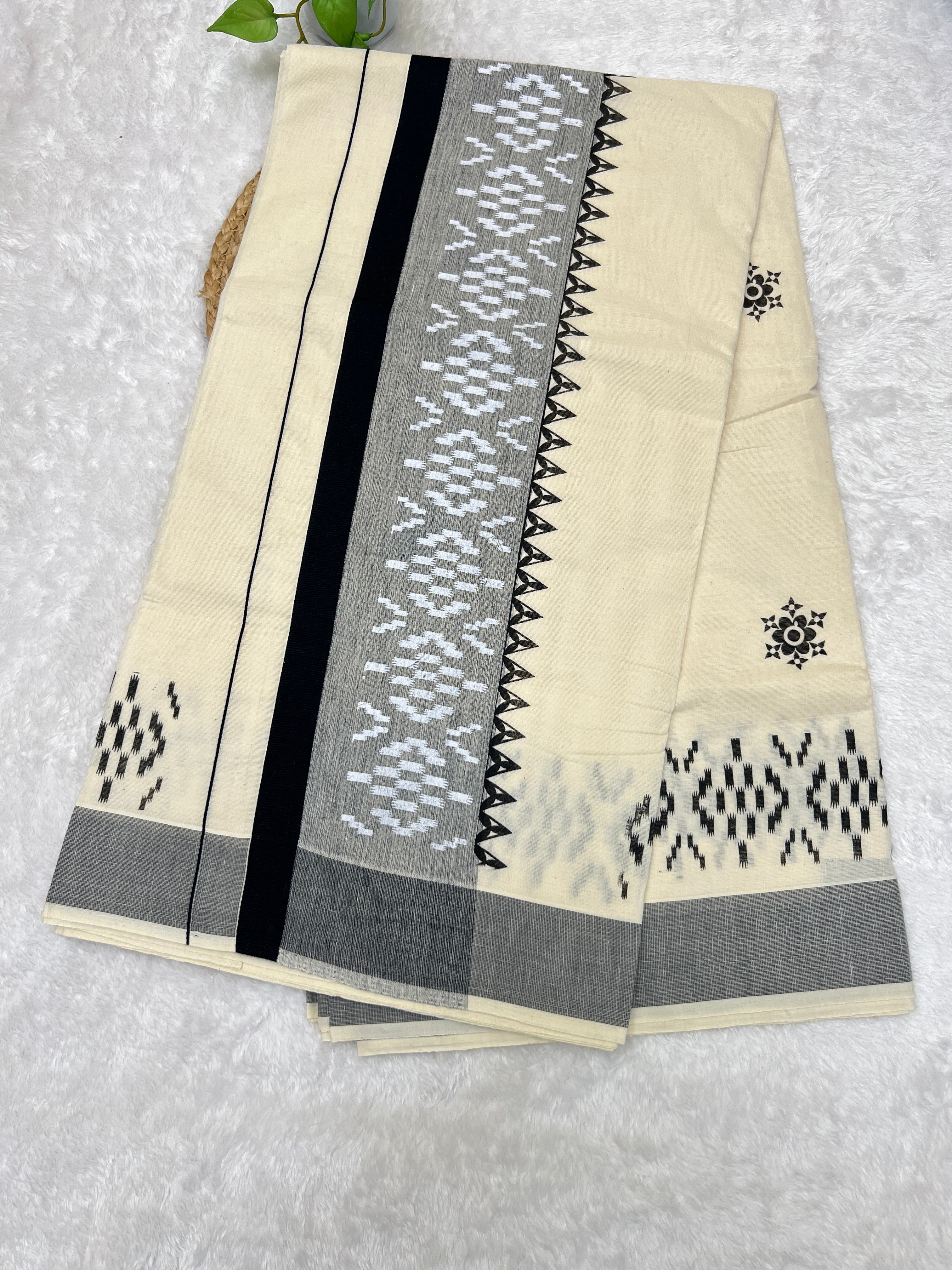 Block Print With Kara Border Detailed Kerala Cotton Saree | GAT325