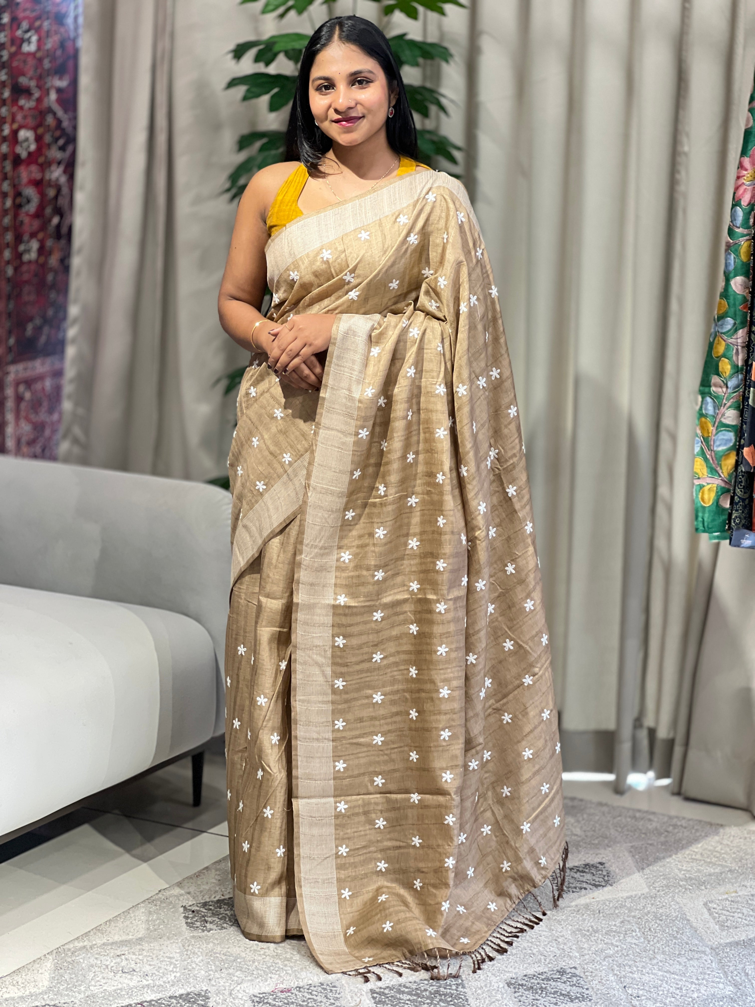 Floral Embroidery Detailed Semi Tussar Saree | SUN716