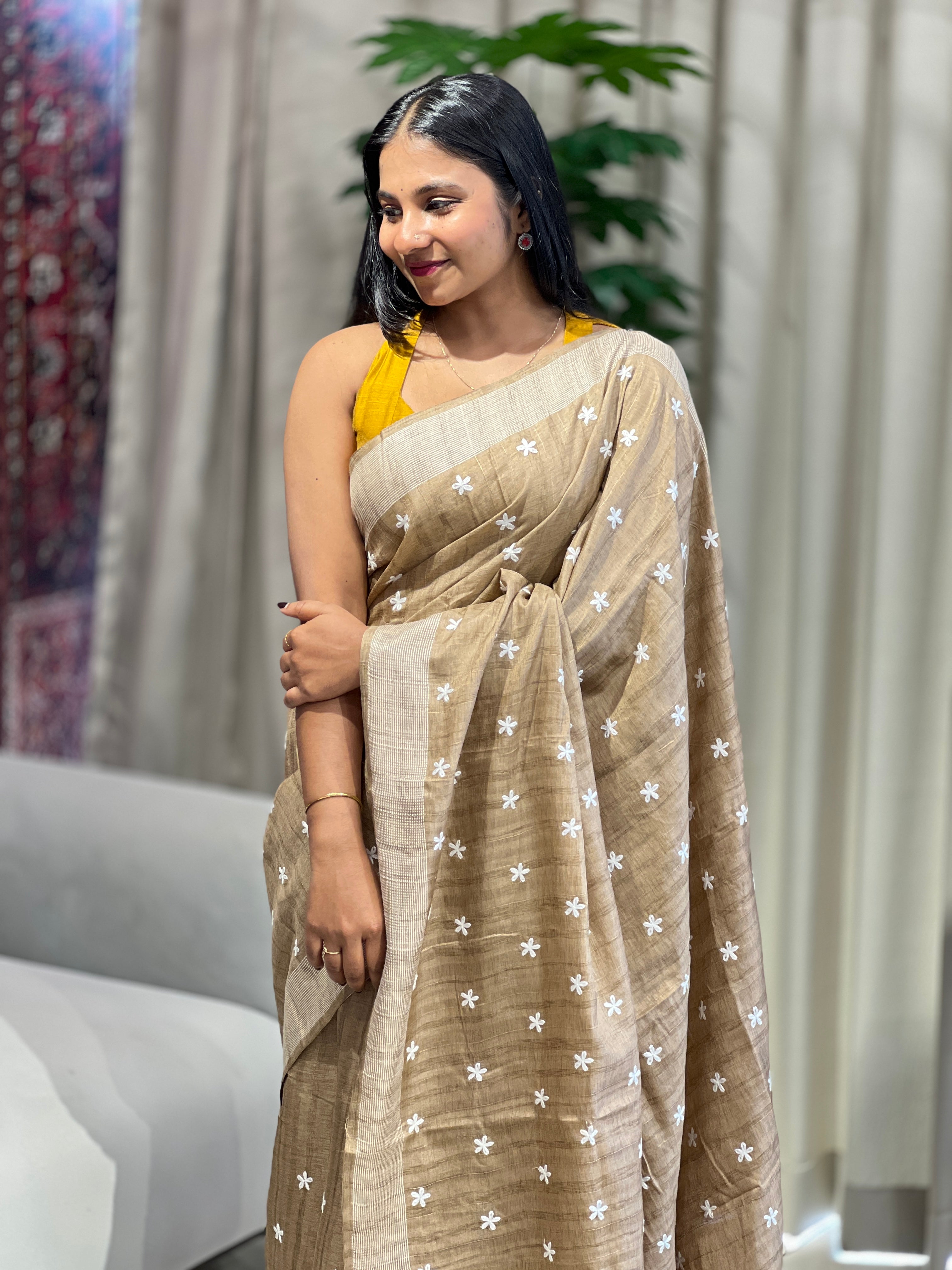 Floral Embroidery Detailed Semi Tussar Saree | SUN716