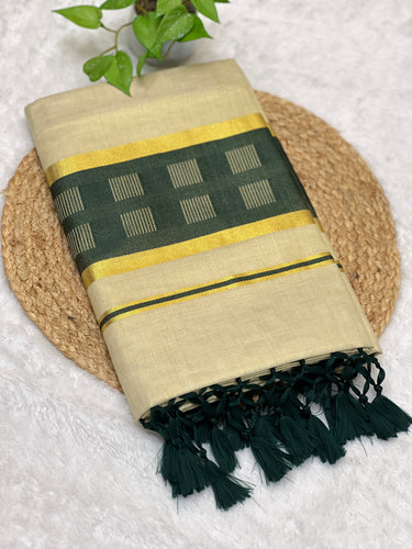 Kasavu With Kara Weaving Patterned Tissue Saree | GAT347