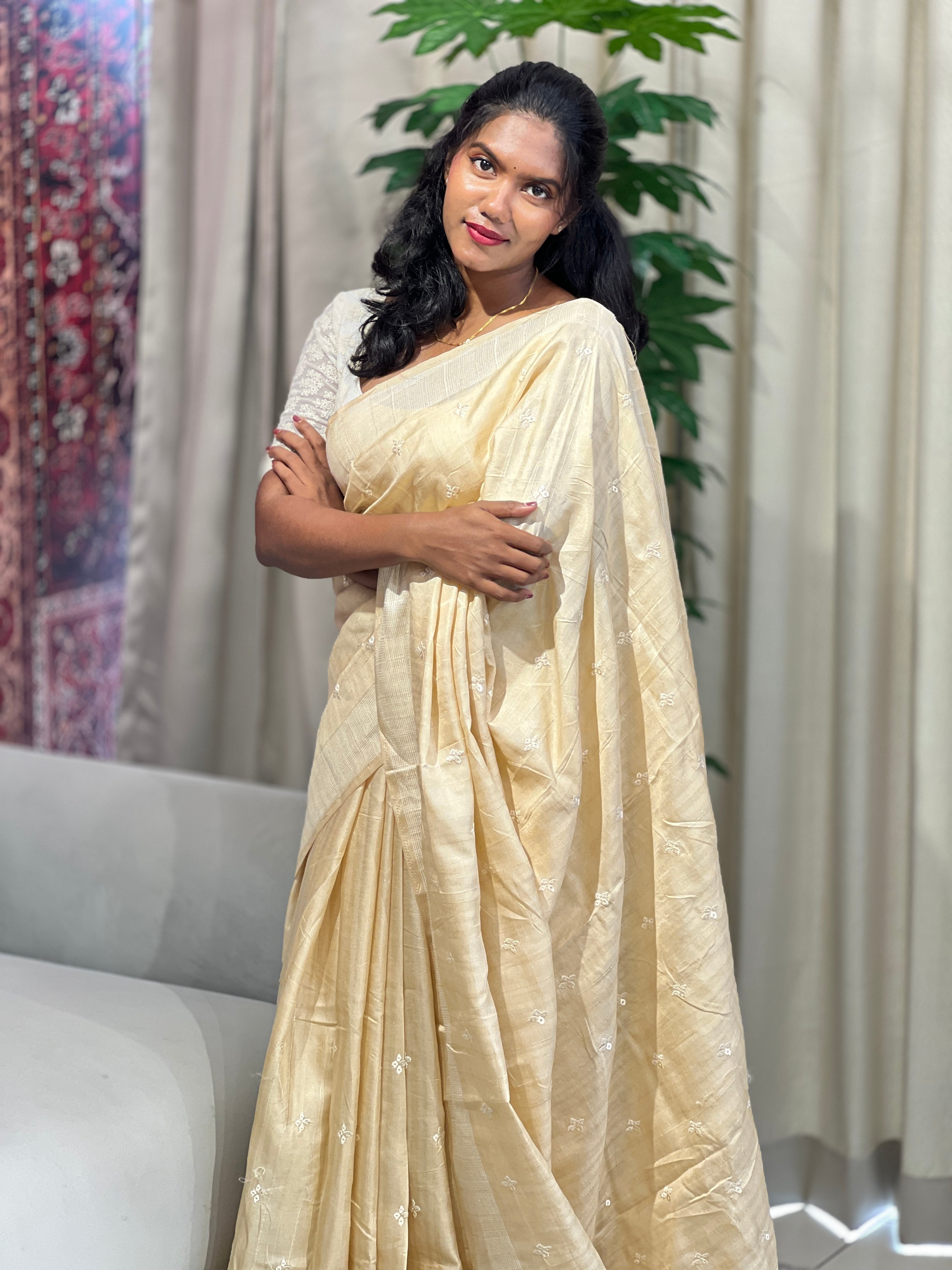 Floral Embroidery Detailed Semi Tussar Saree | SUN733